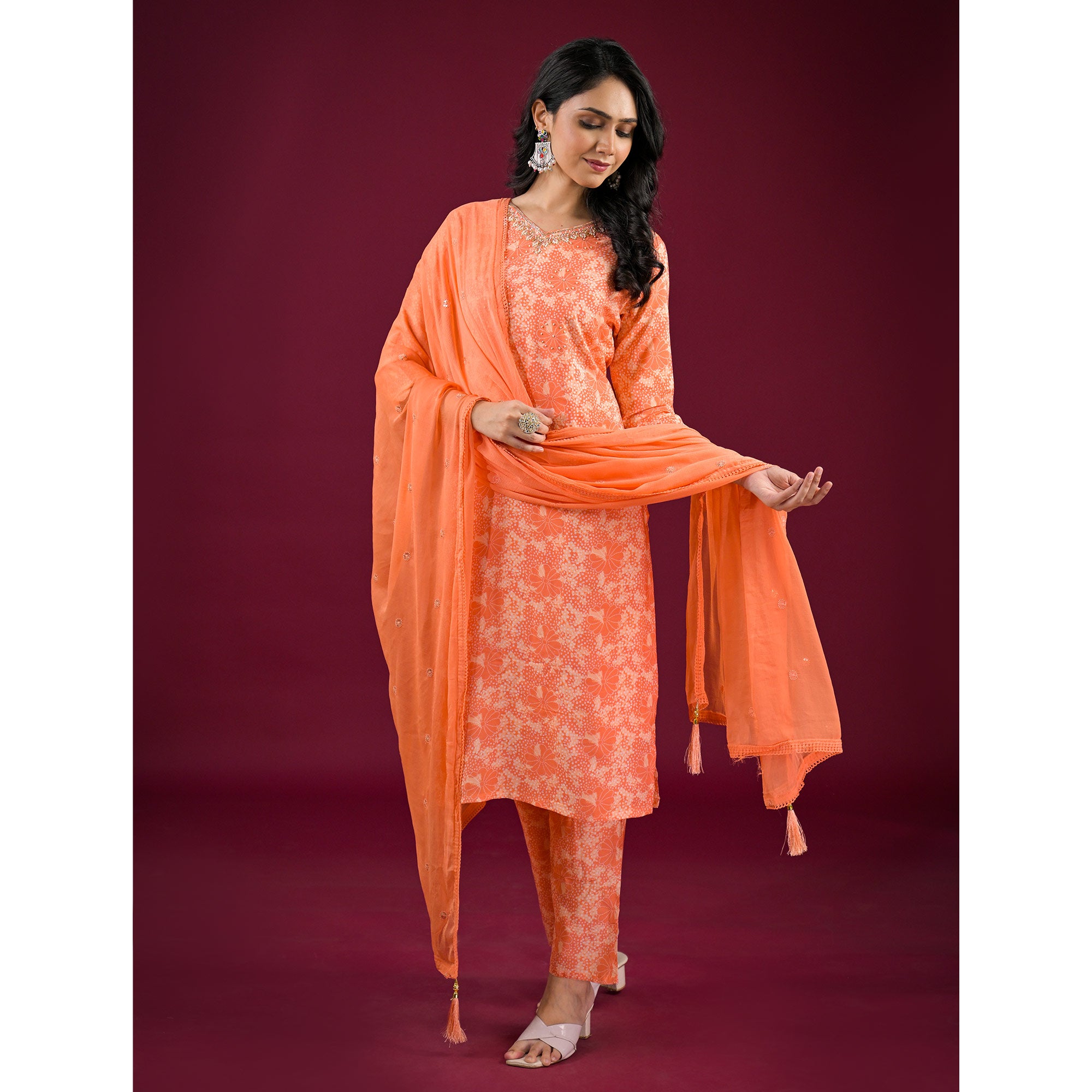 Orange Floral Printed Muslin Straight Salwar Suit