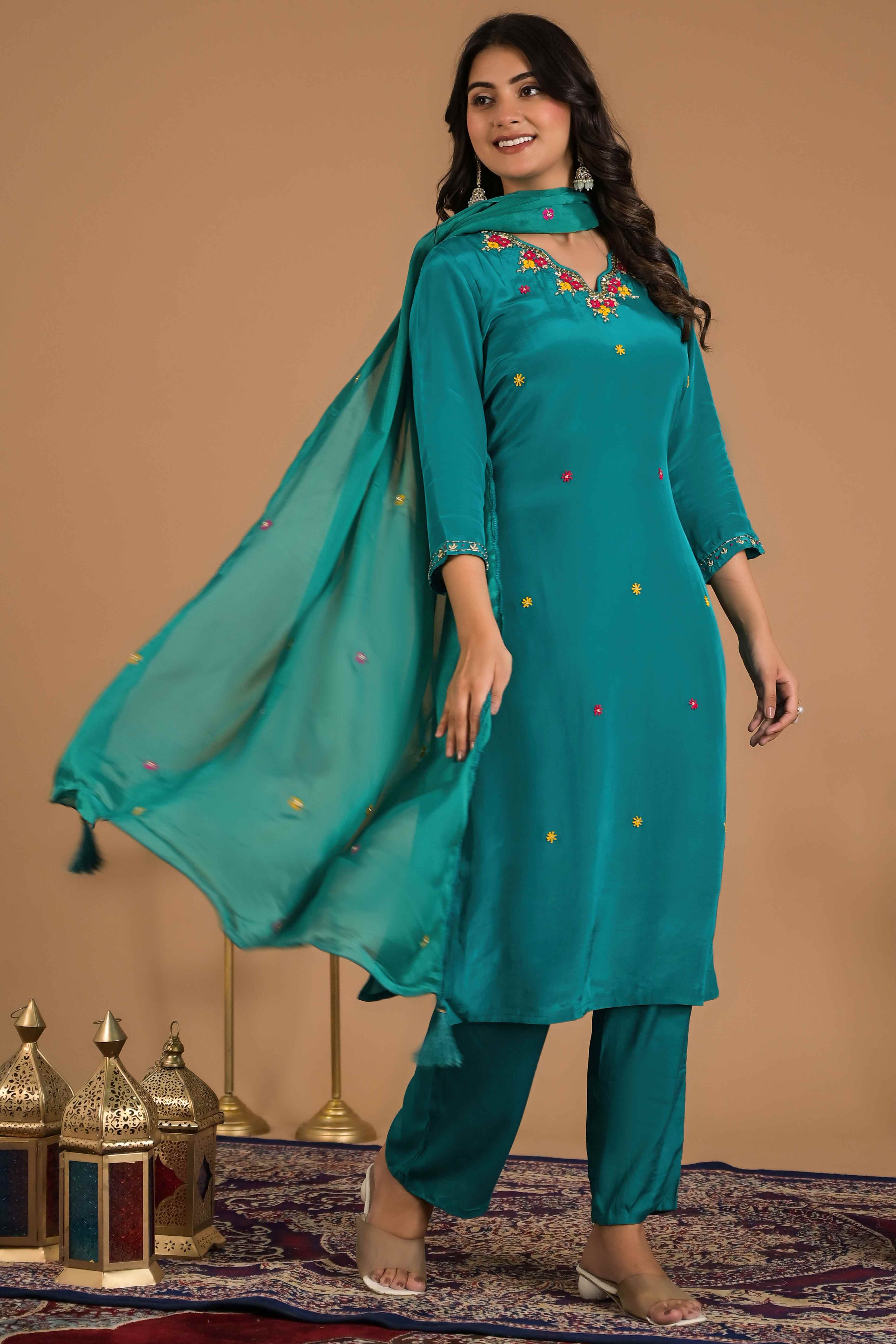 Turquoise Beads Work Embroidered Crepe Salwar Suit