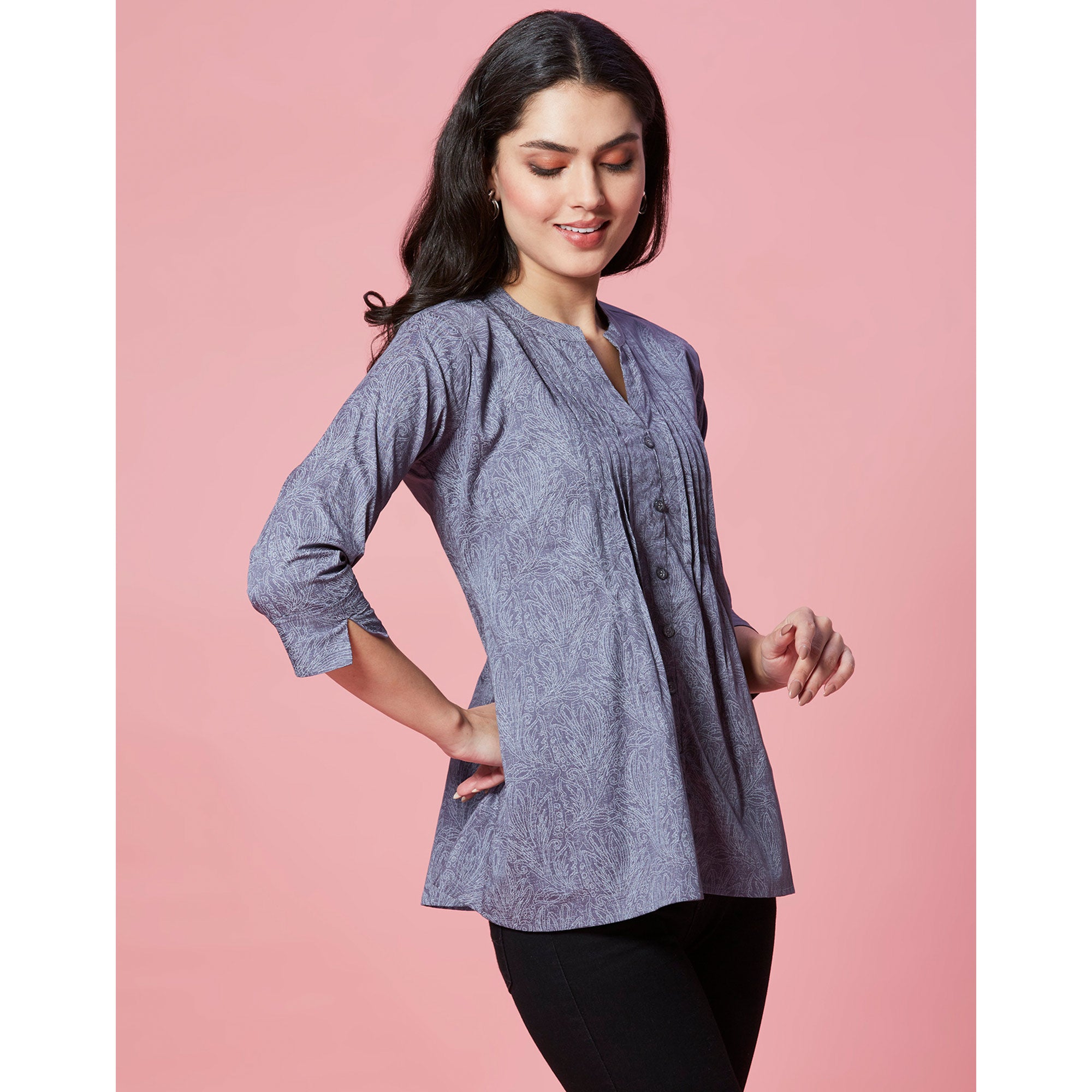 Grey Printed Pure Cotton A-Line Top