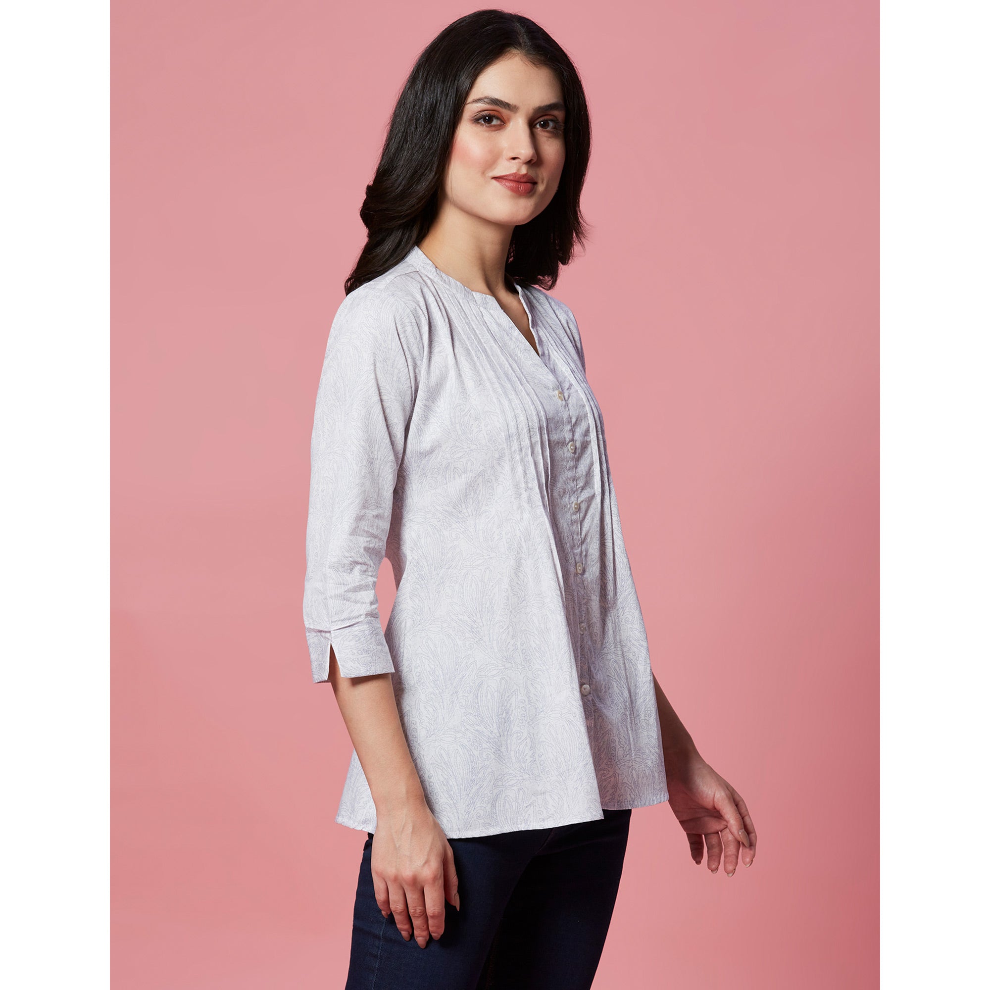 White Printed Pure Cotton A-Line Top