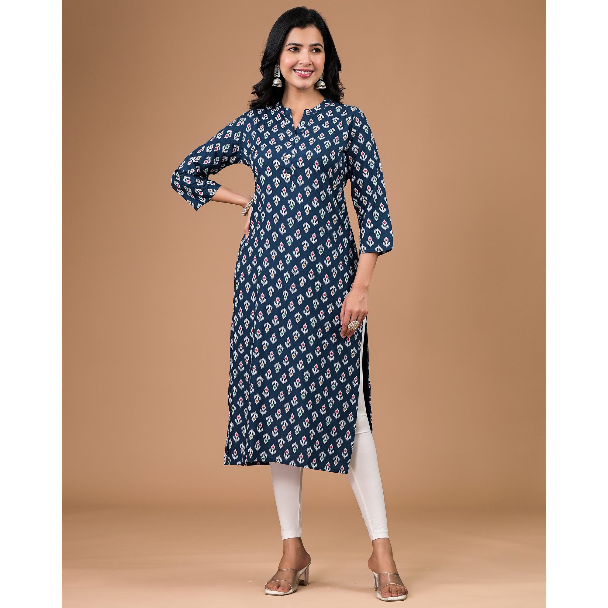 Navy Blue Rayon Printed Straight Kurti