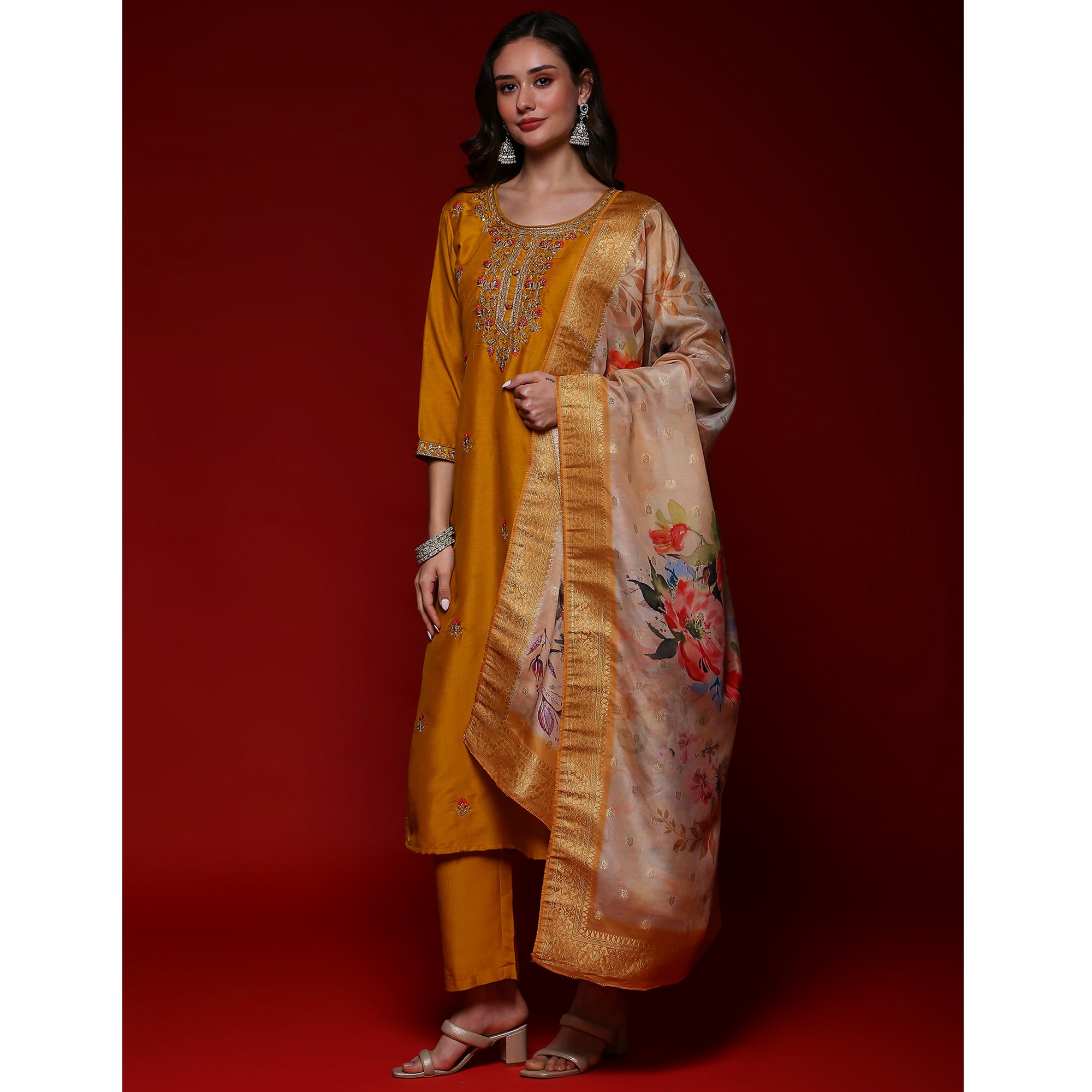 Mustard Floral Embroidered Cotton Silk Salwar Suit