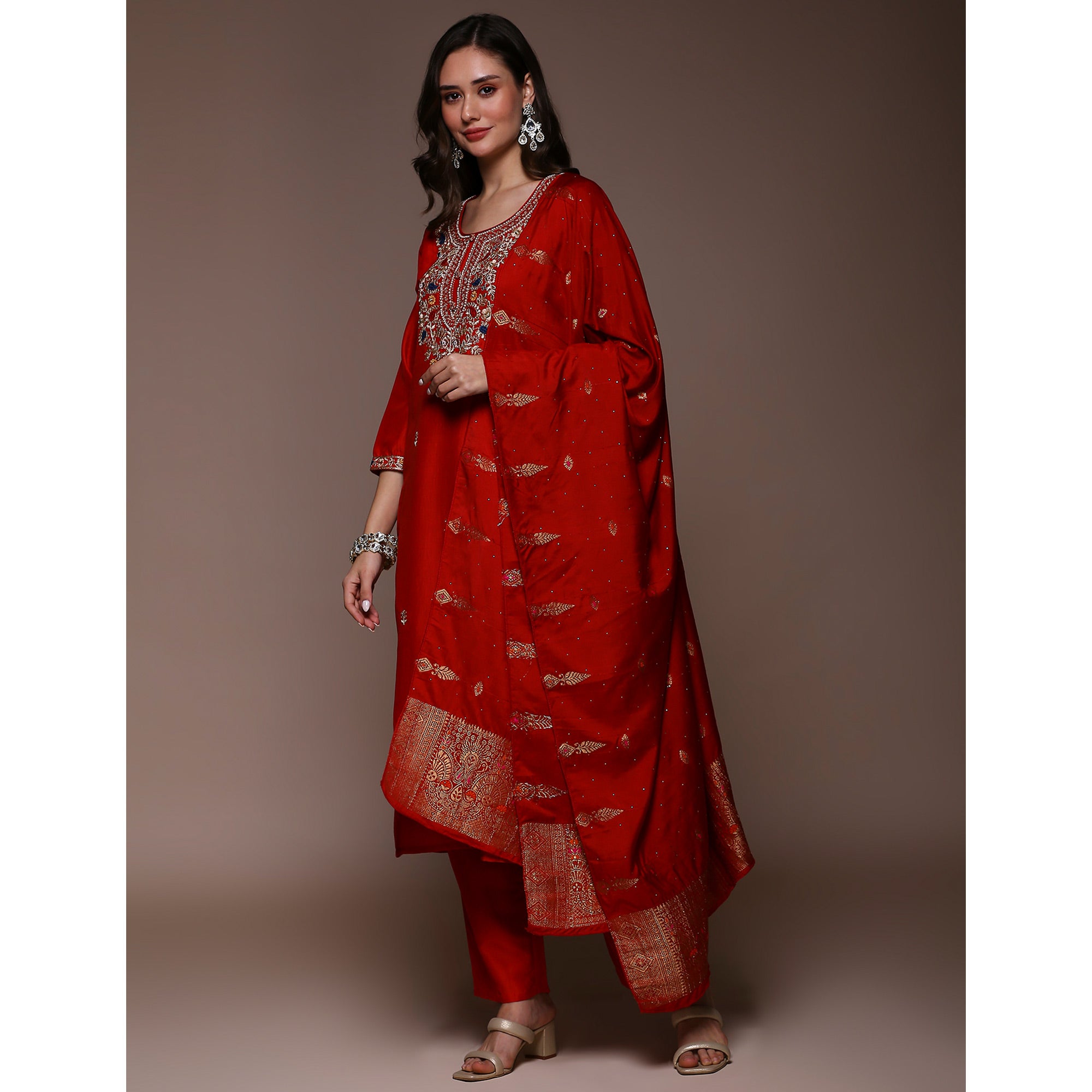 Red Floral Embroidered Cotton Silk Salwar Suit