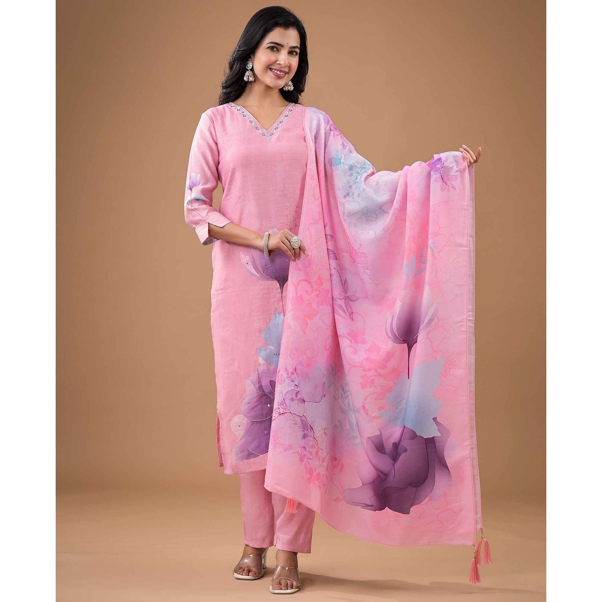 Pink Embroidered Viscose Straight Salwar Suit