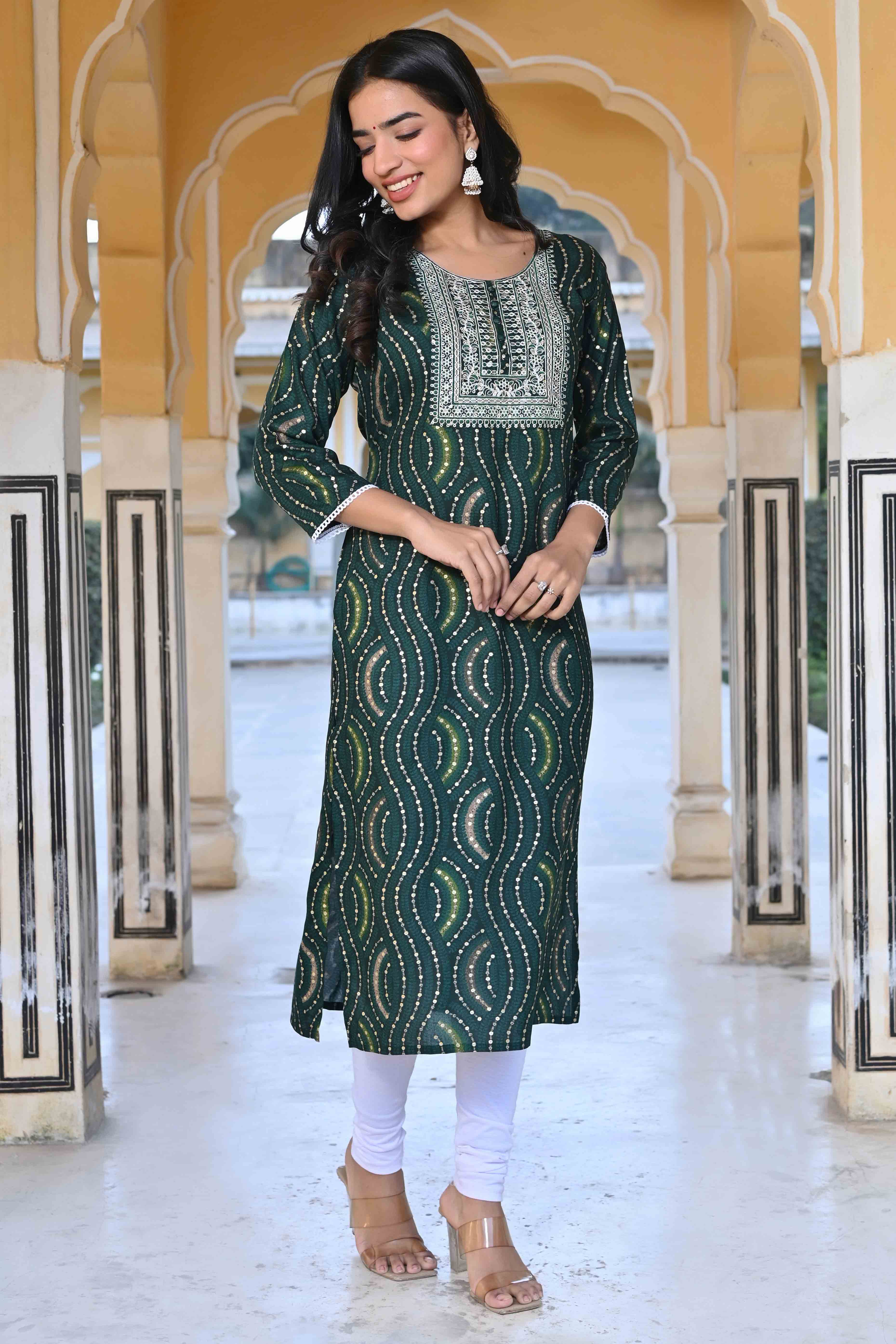 Green Foil Printed Rayon Straight Kurti