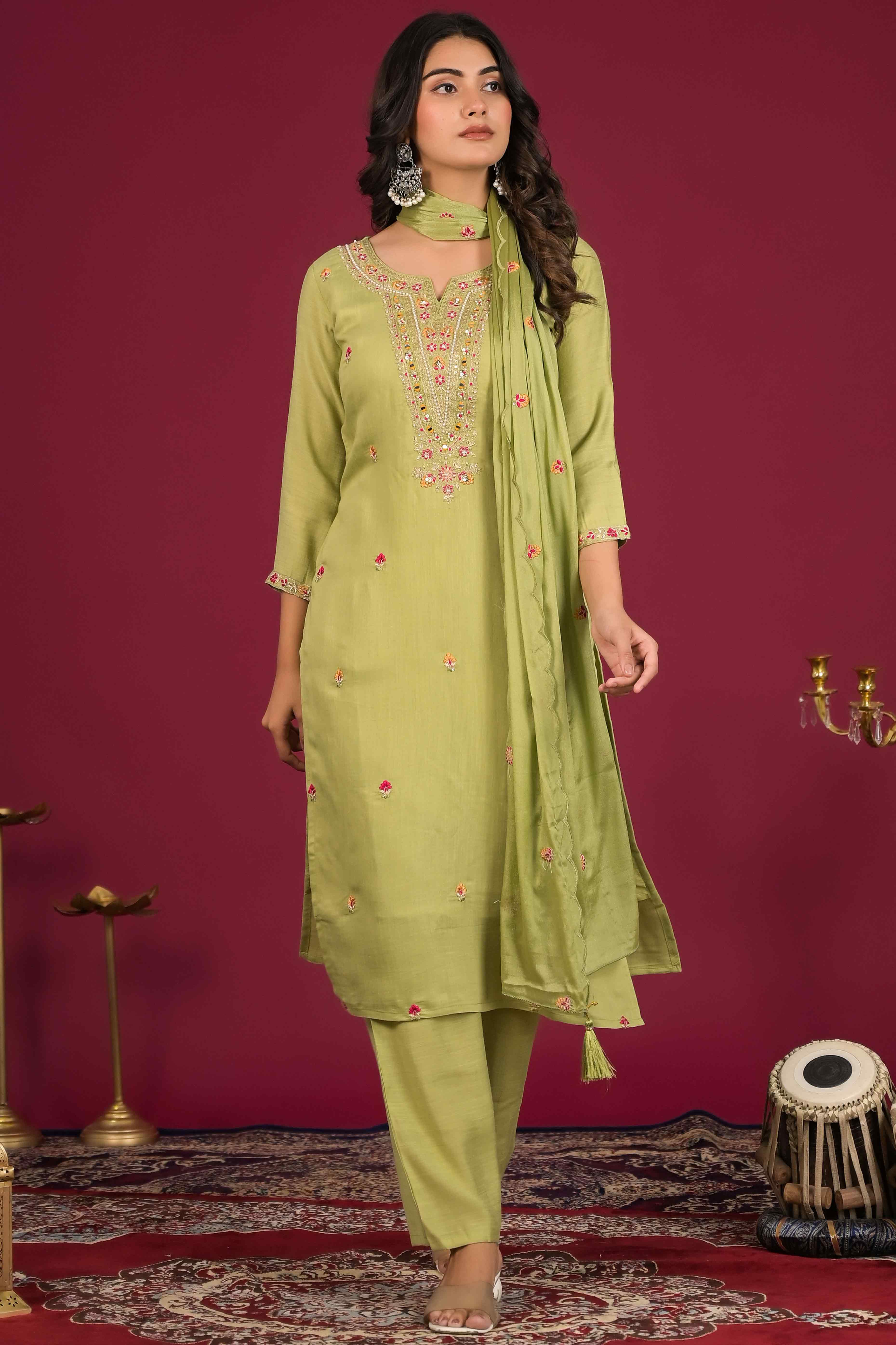 Green Floral Embroidered Pure Cotton Salwar Suit