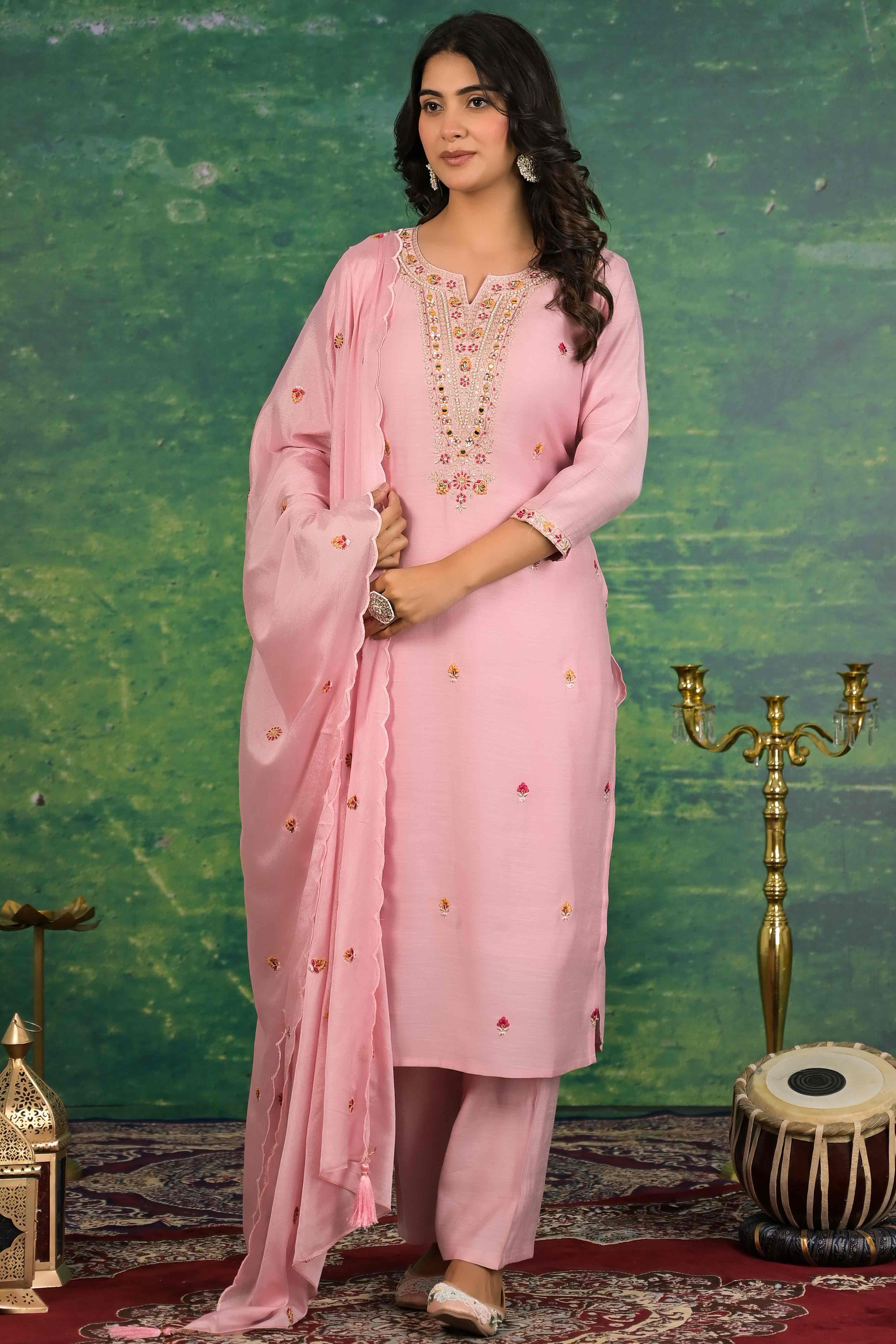 Peach Floral Embroidered Pure Cotton Salwar Suit