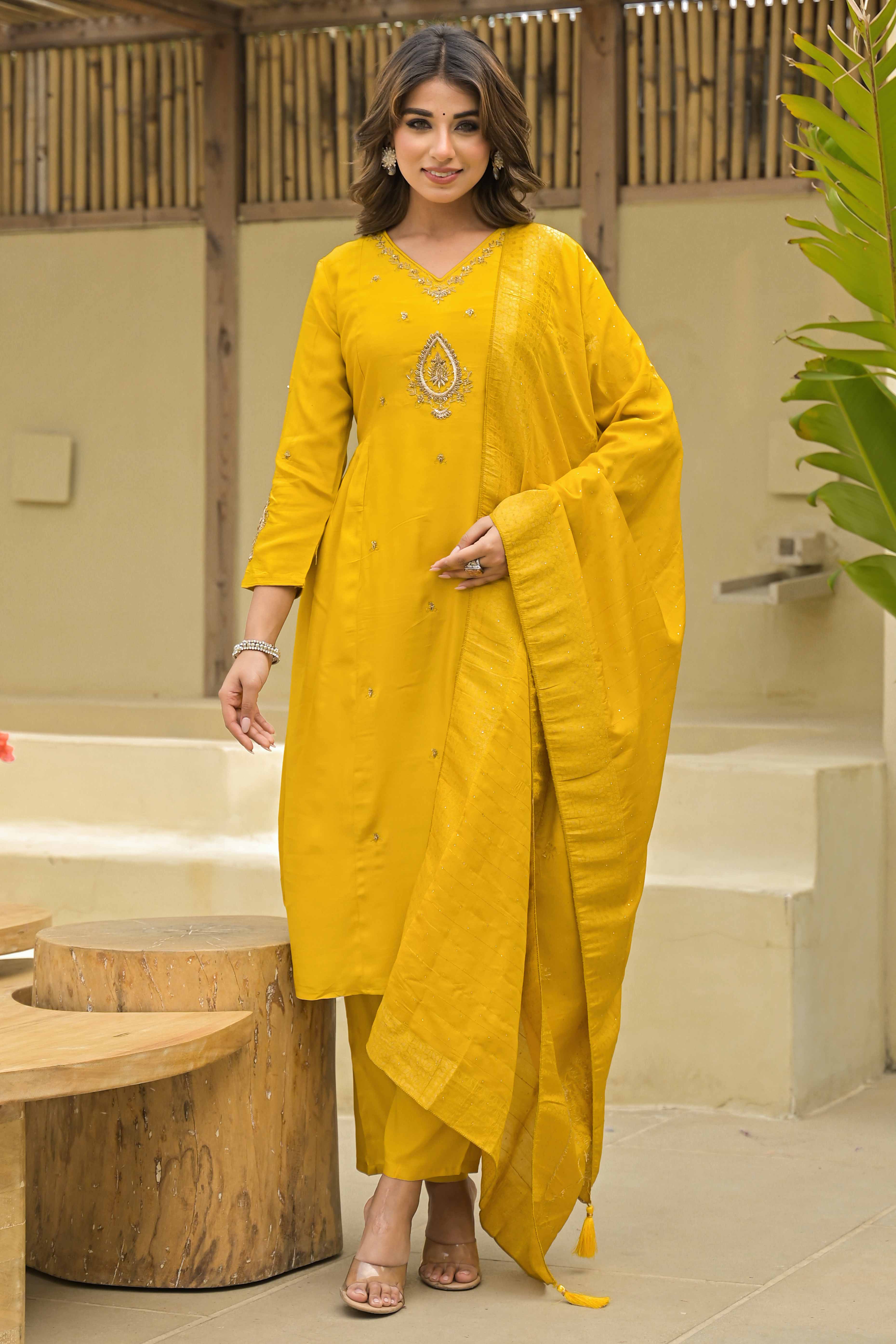 Mustard Hand Ari Work Muslin Anarkali Style Salwar Suit