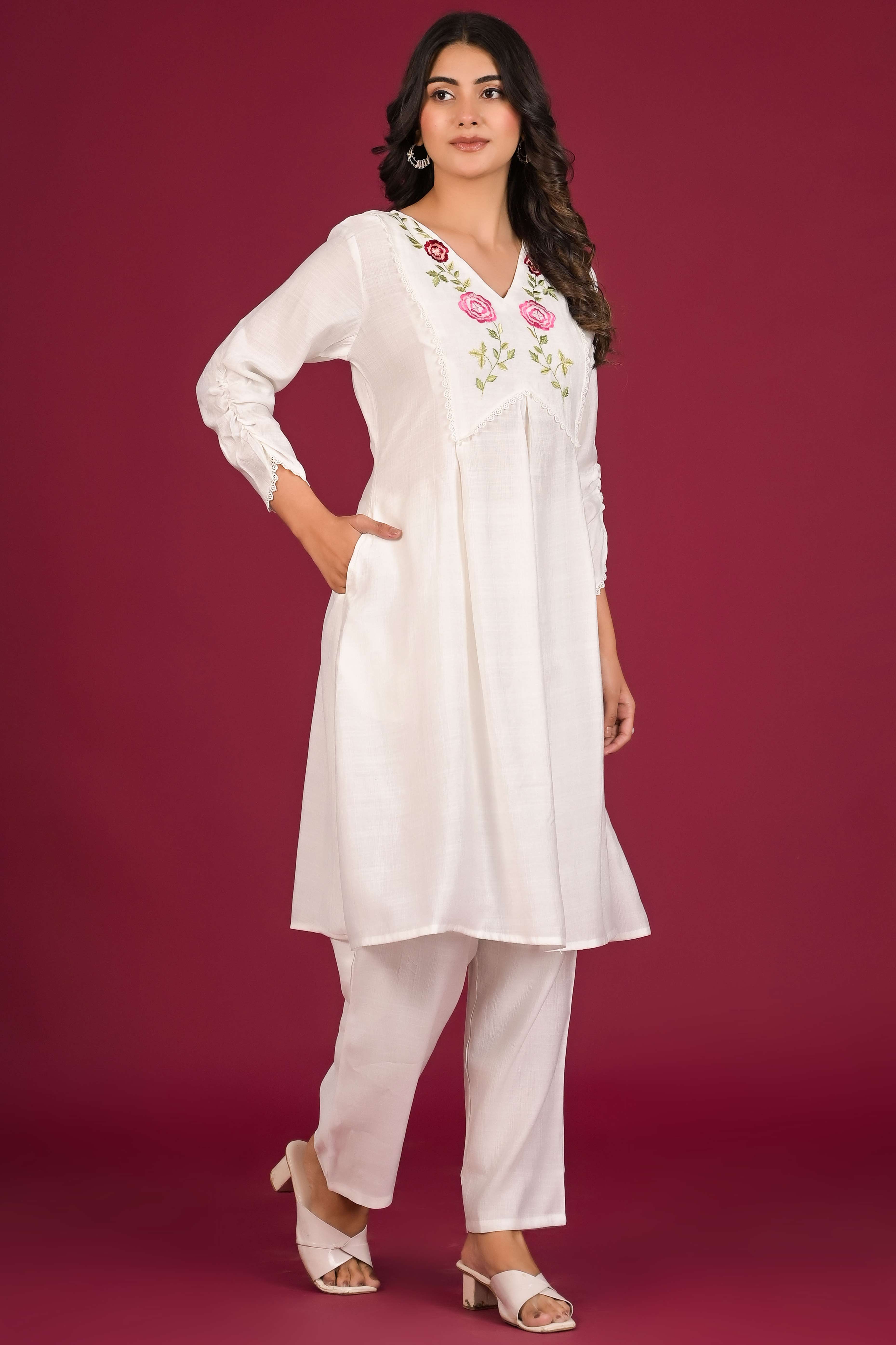 White Neck Embroidered Viscose Top Bottom Set