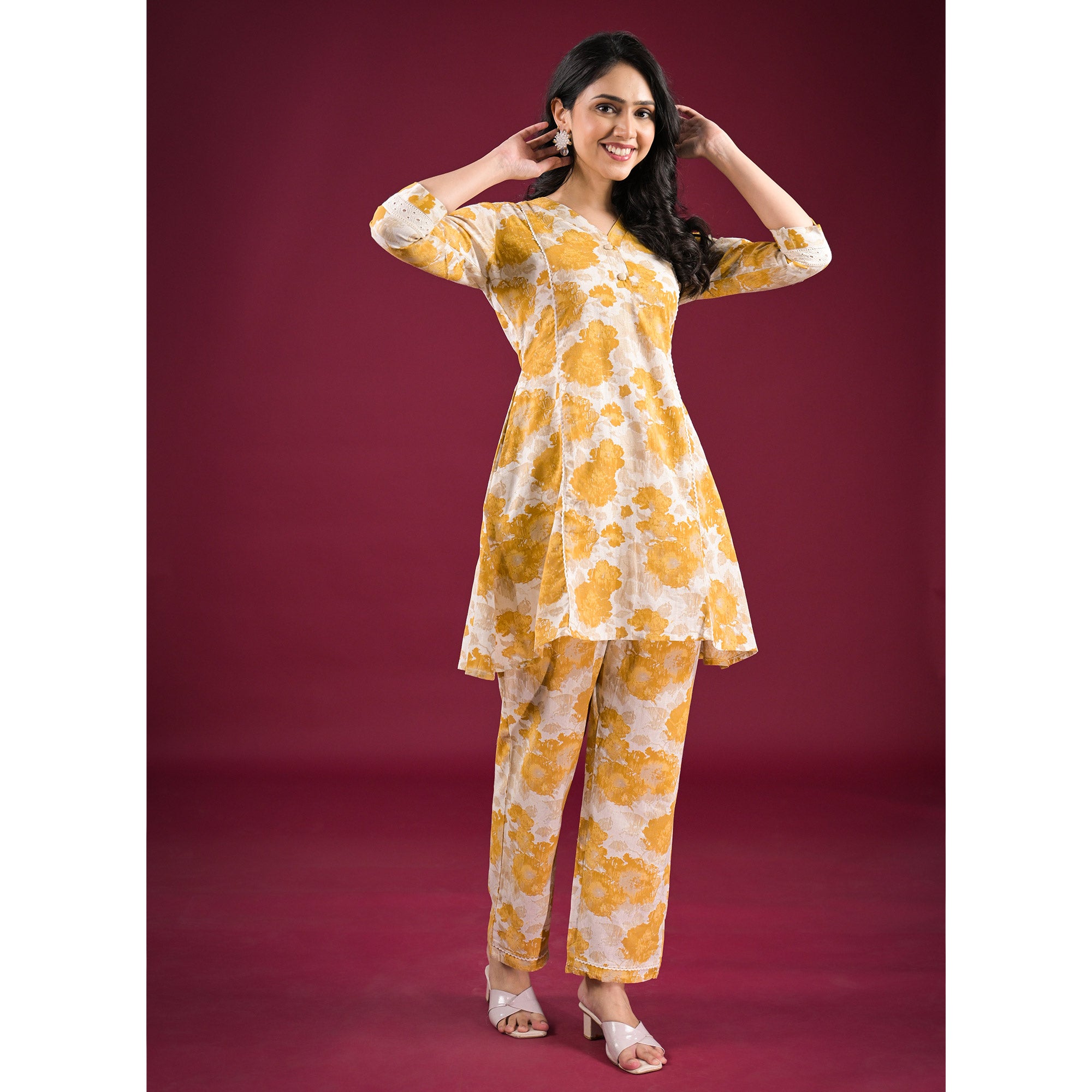 Mustard Floral Printed Pure Cotton Co-Ord Set