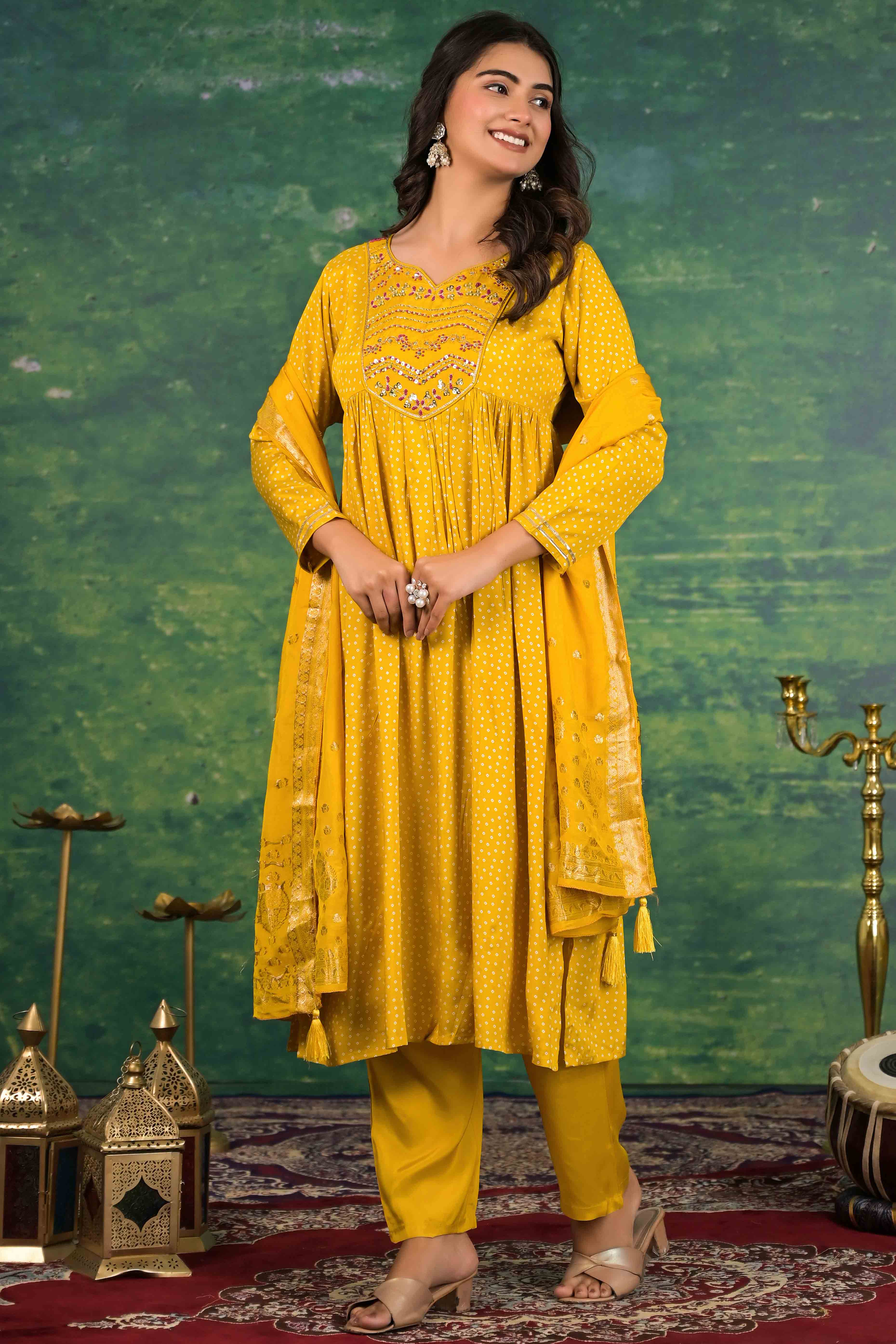 Mustard Yoke Embroidered Anarkali Muslin Salwar Suit