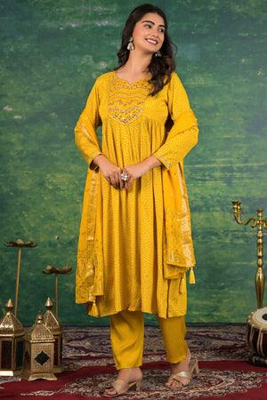 Mustard Yoke Embroidered Anarkali Muslin Salwar Suit