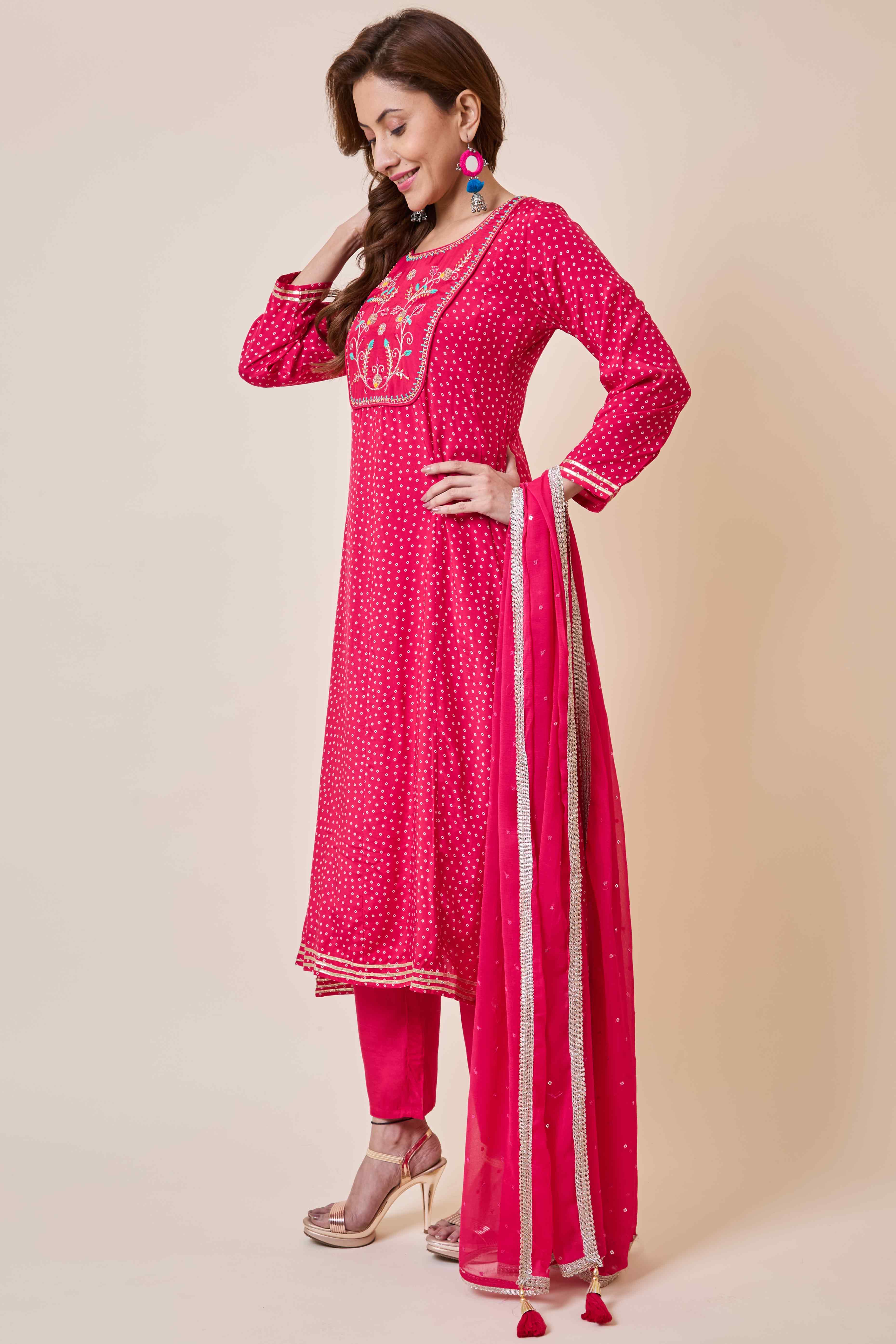 Rani Pink Embroidered Anarkali Style Muslin Salwar Suit