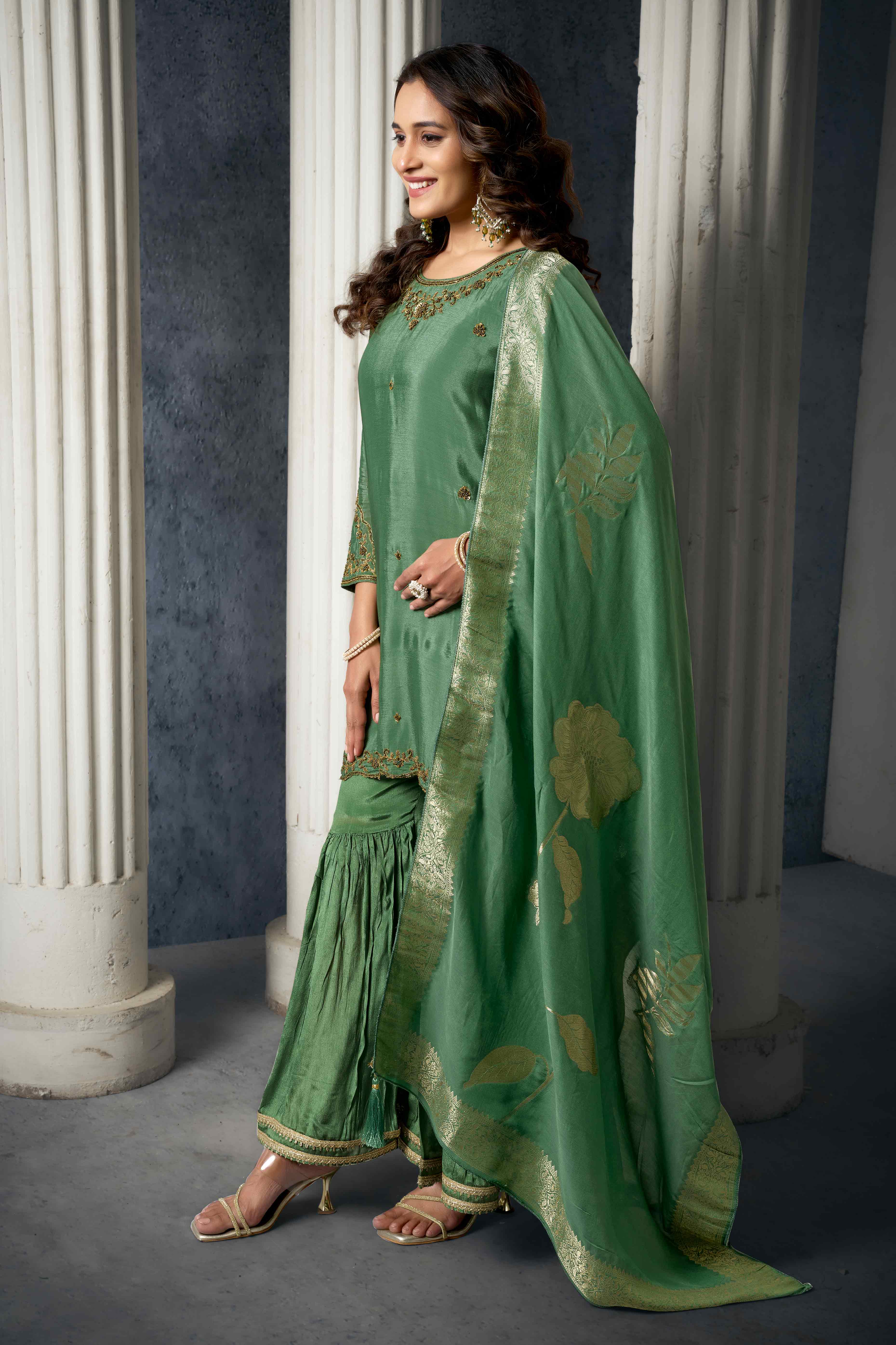 Olive Zardosi Work Embroidered Pure Chinon Sharara Suit
