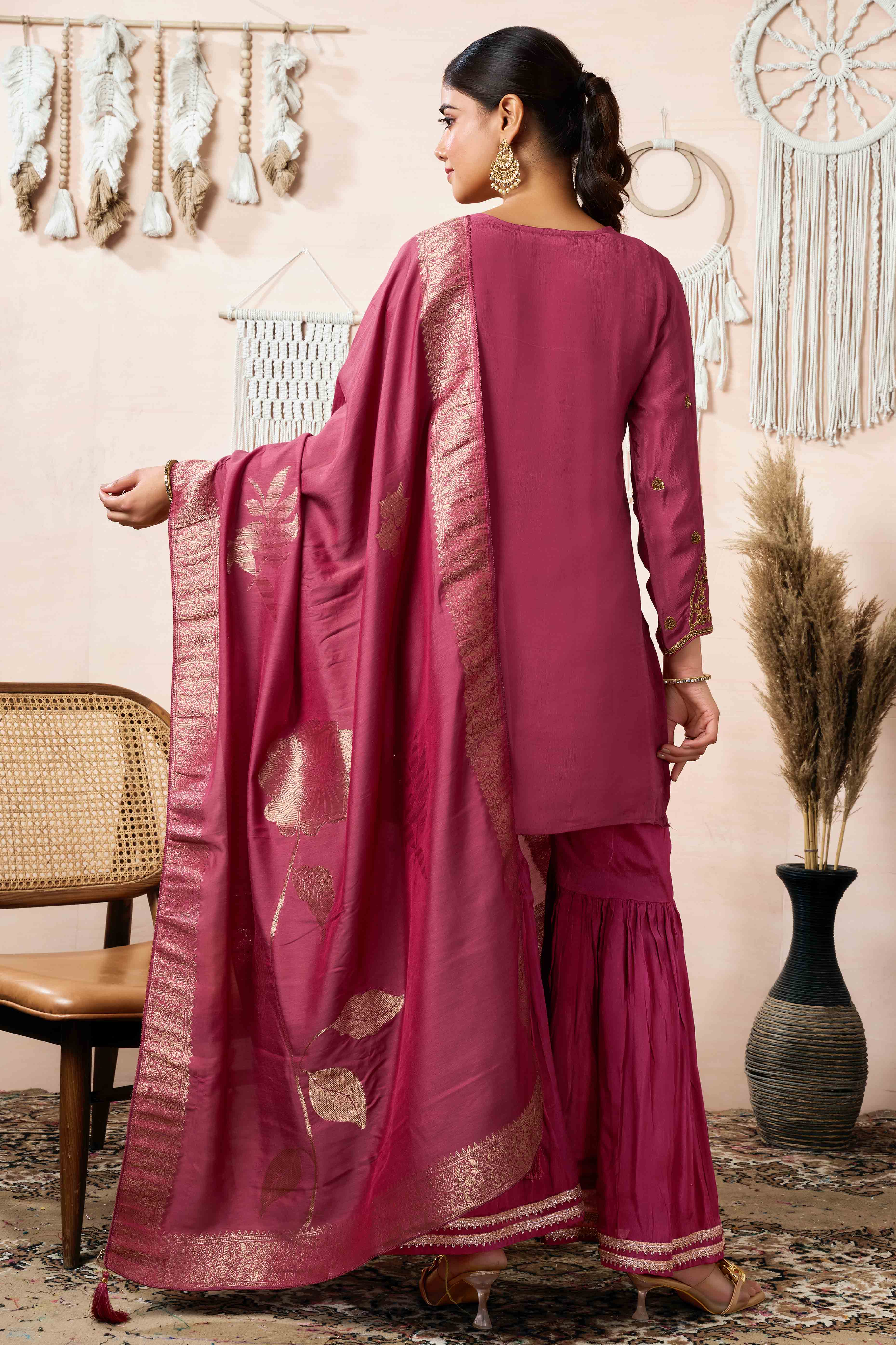 Rust Zardosi Work Embroidered Pure Chinon Sharara Suit