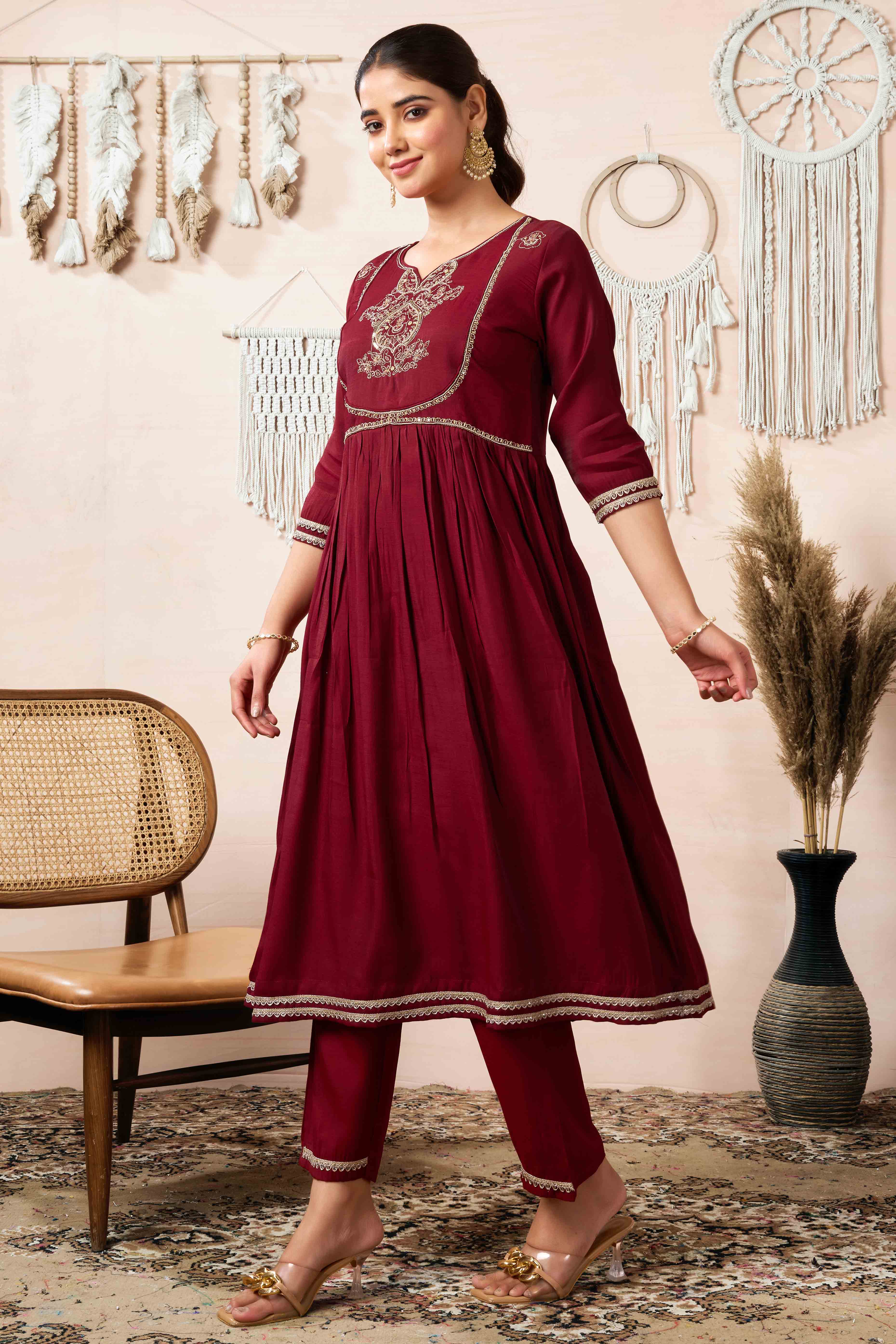 Maroon Sequins Embroidered Cotton Silk Anarkali Salwar Suit