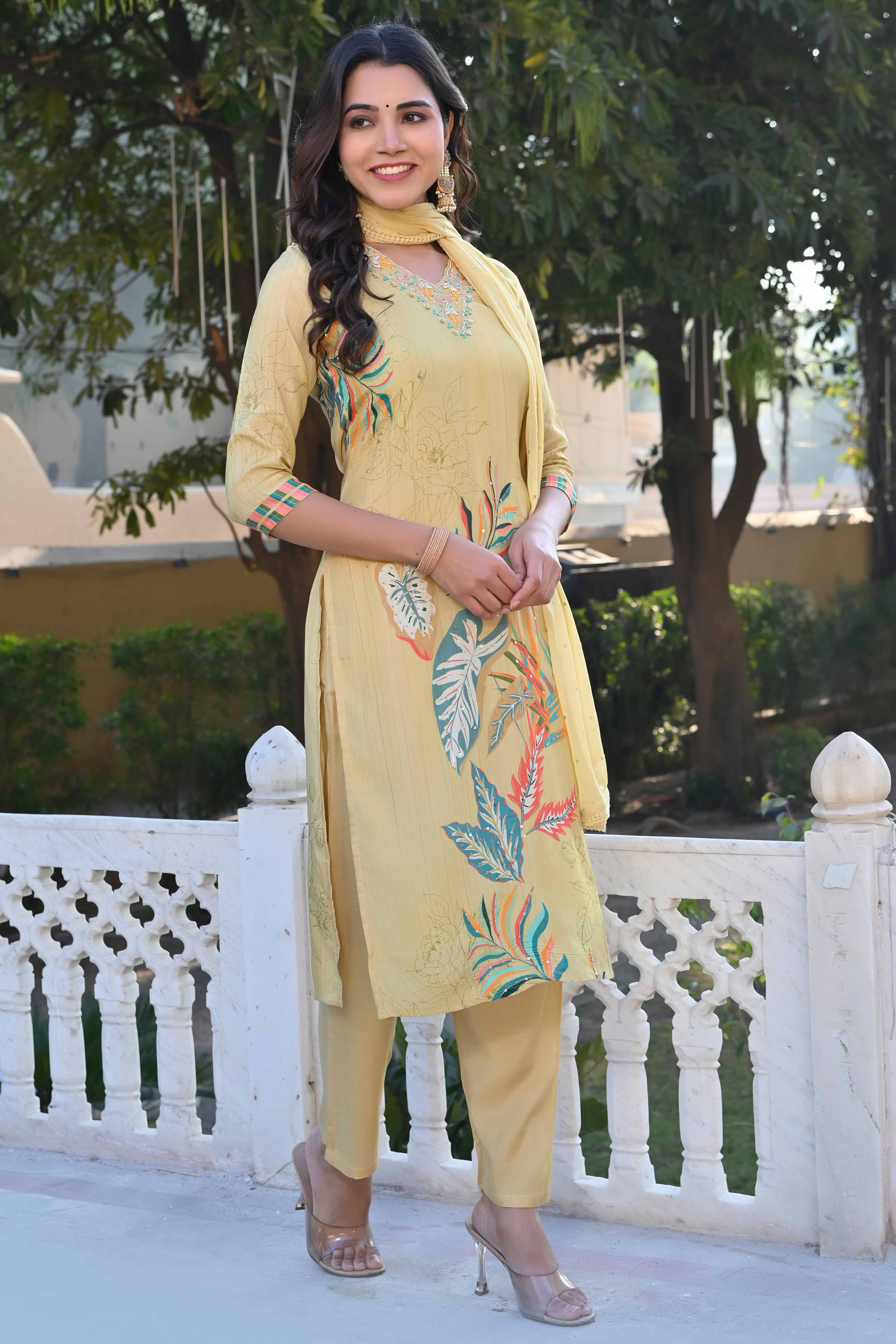 Lime Yellow Sequins Work With Printed Muslin Salwar Suit