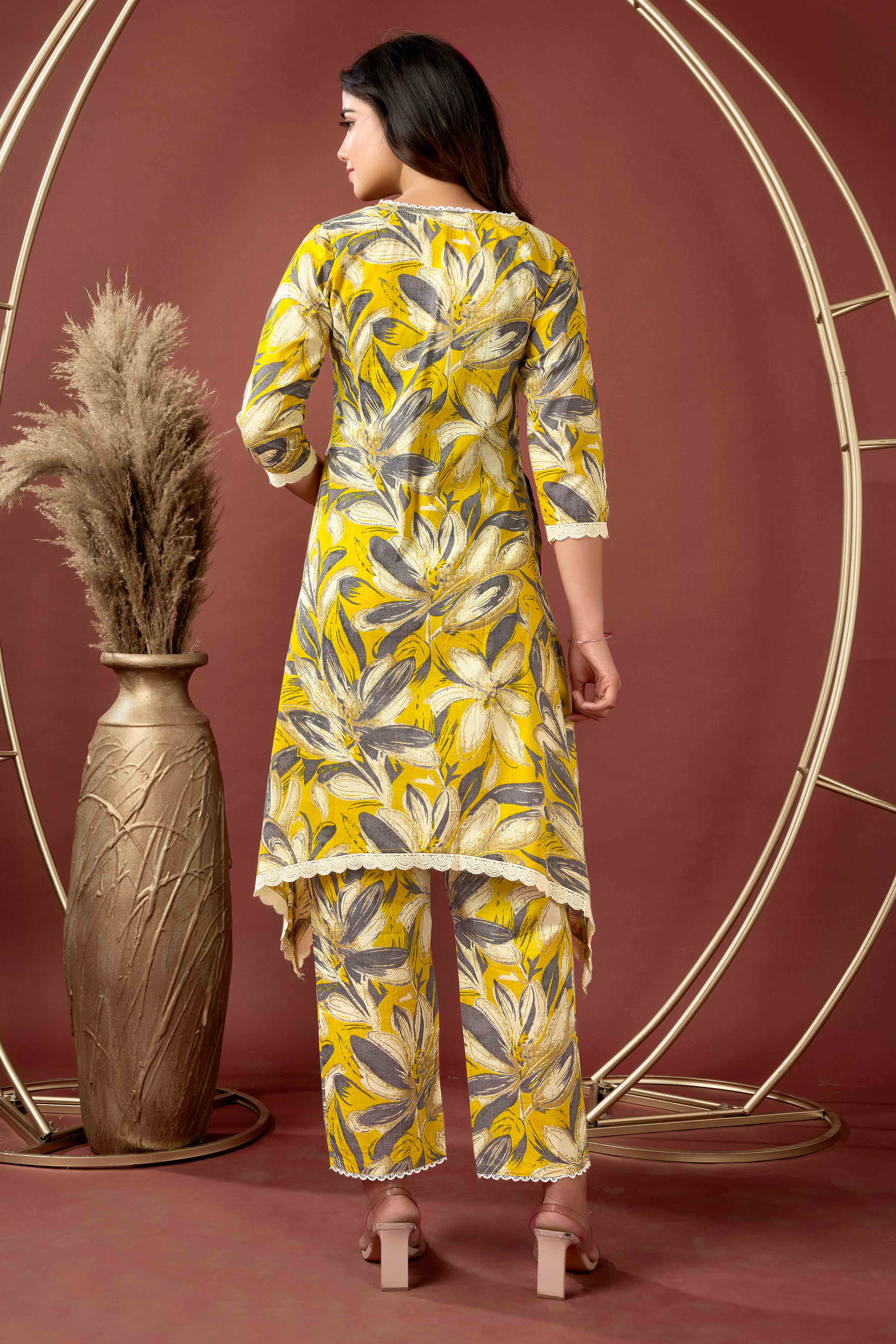 Mustard Floral Printed Pure Cotton A-Line Co-Ord Set