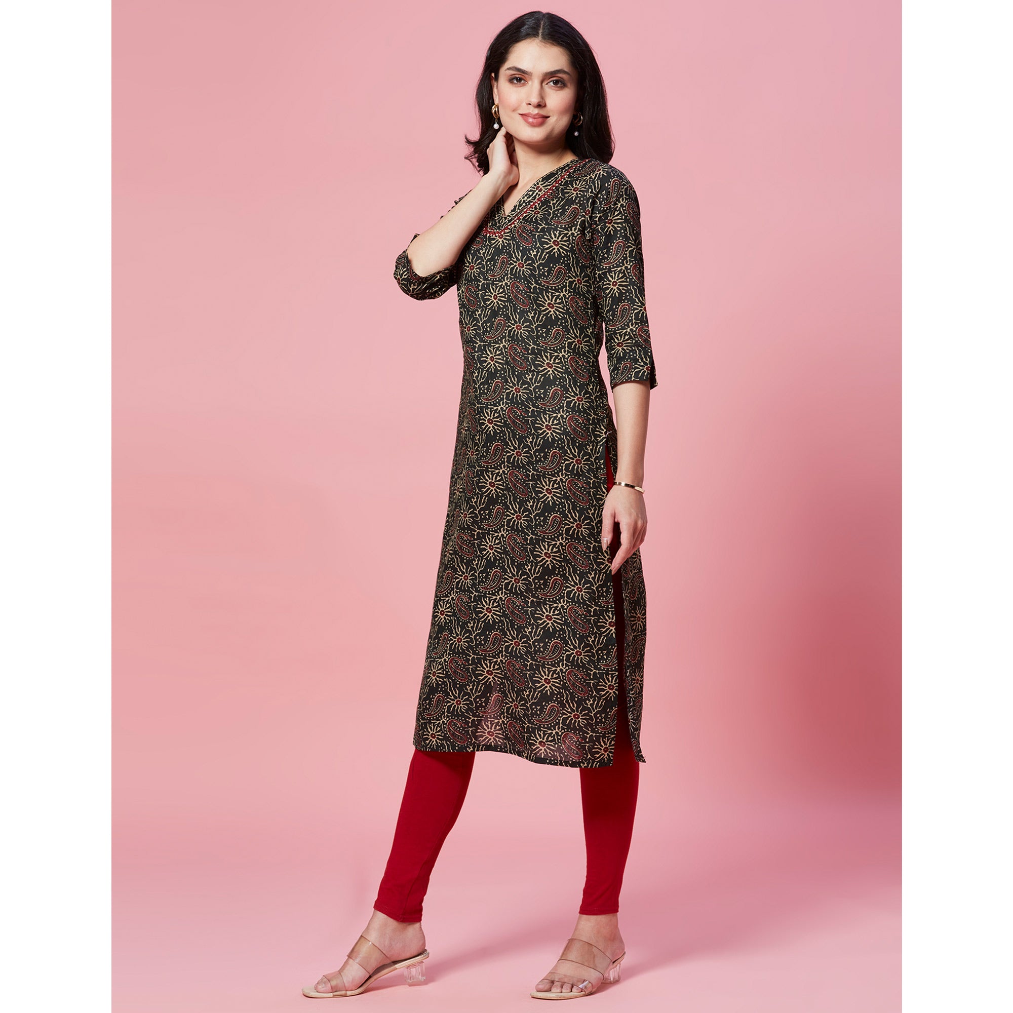 Green Floral Printed Pure Cotton Straight Kurti