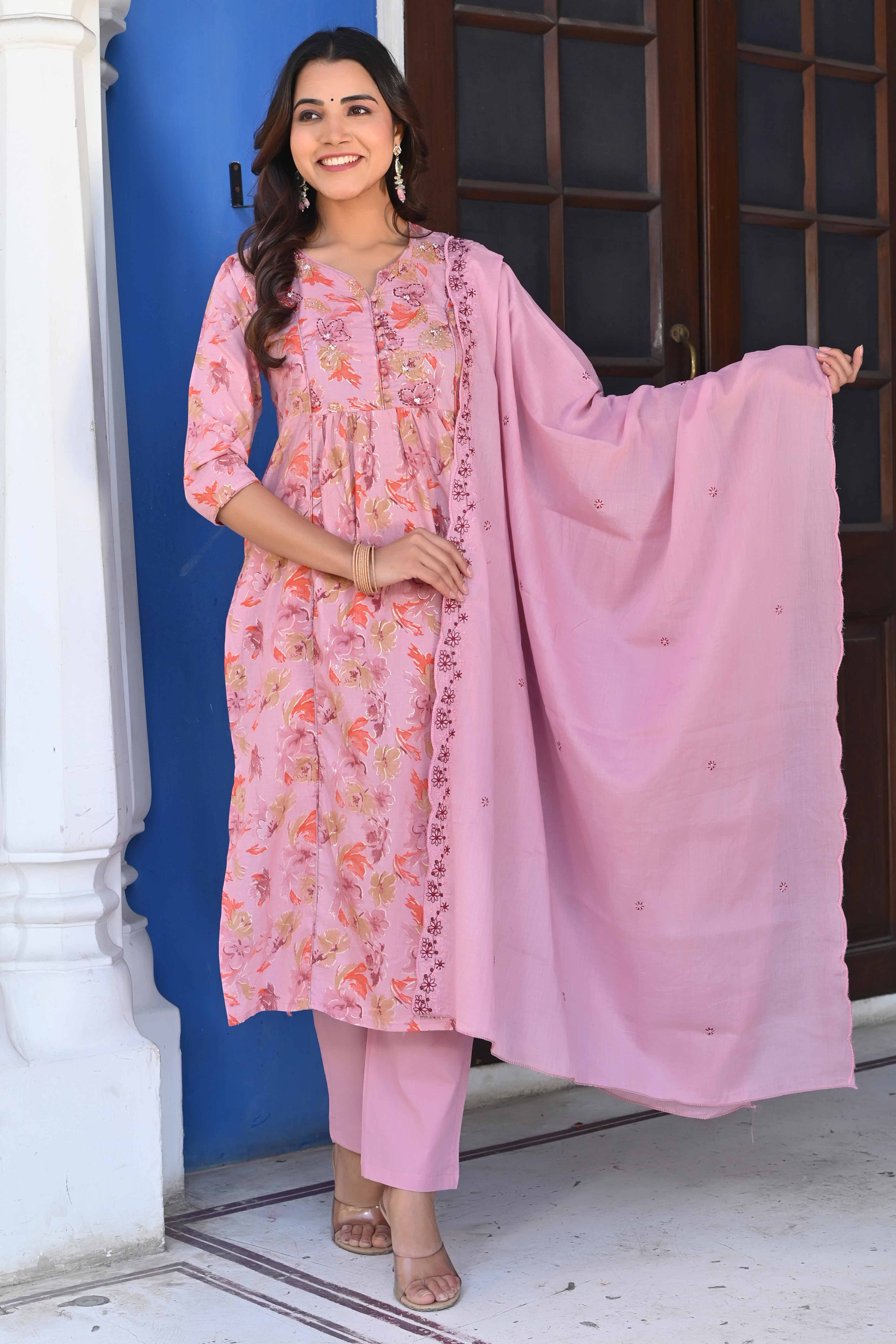 Peach Floral Printed Pure Cotton Salwar Suit With Handwork