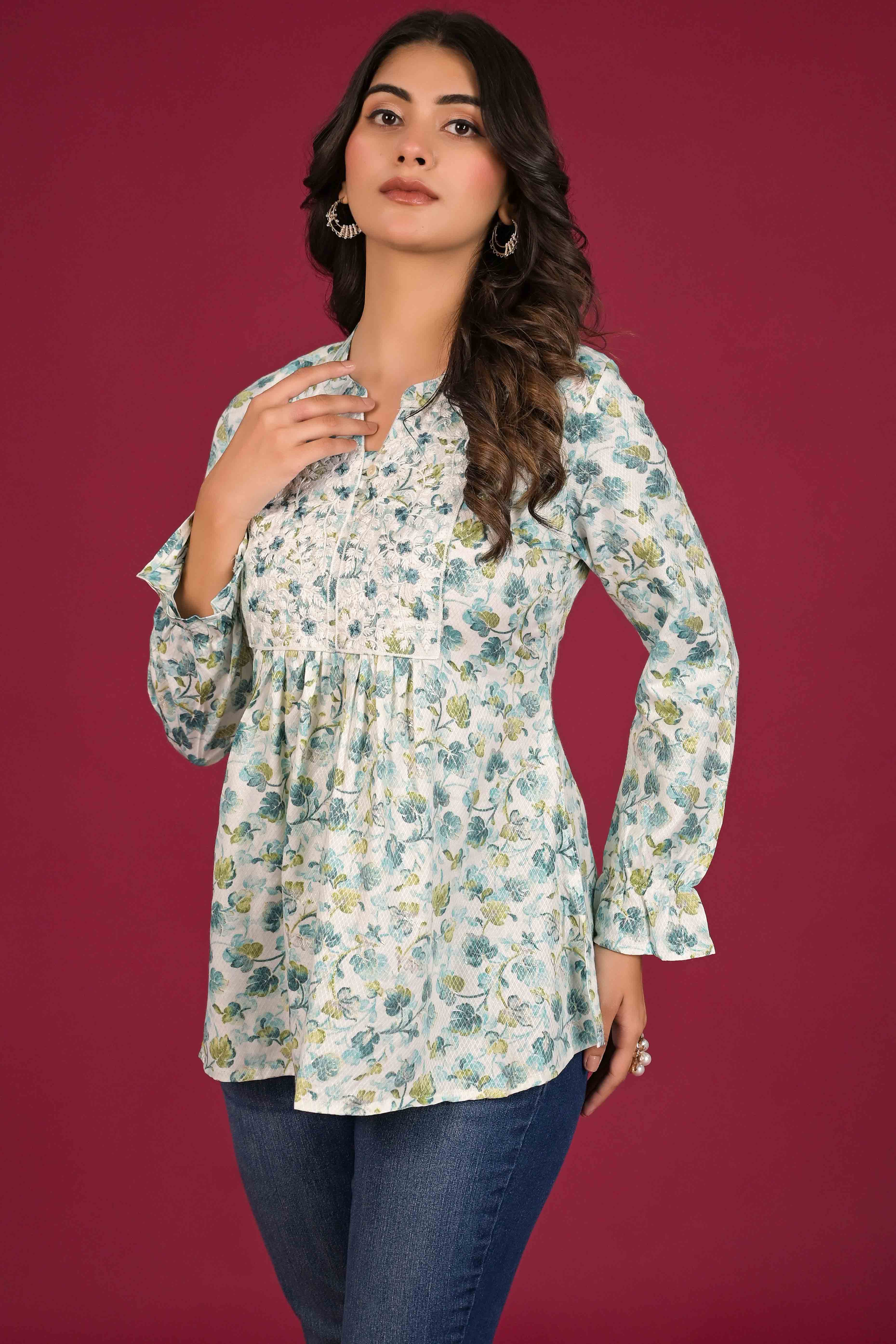 Turquoise Floral Printed Pure Cotton Chikankari Top