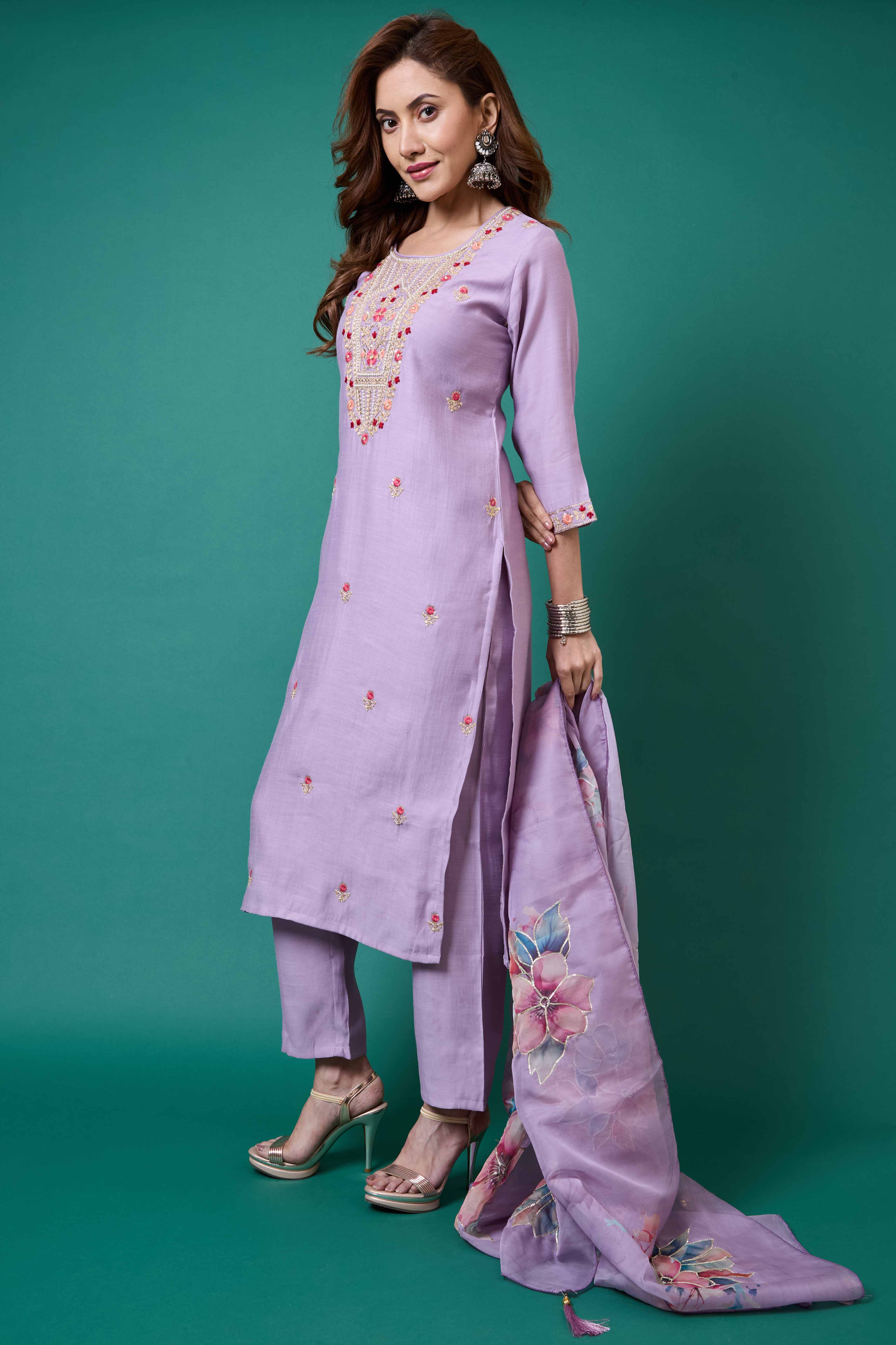 Lavender Handwork Embroidered Viscose Straight Salwar Suit