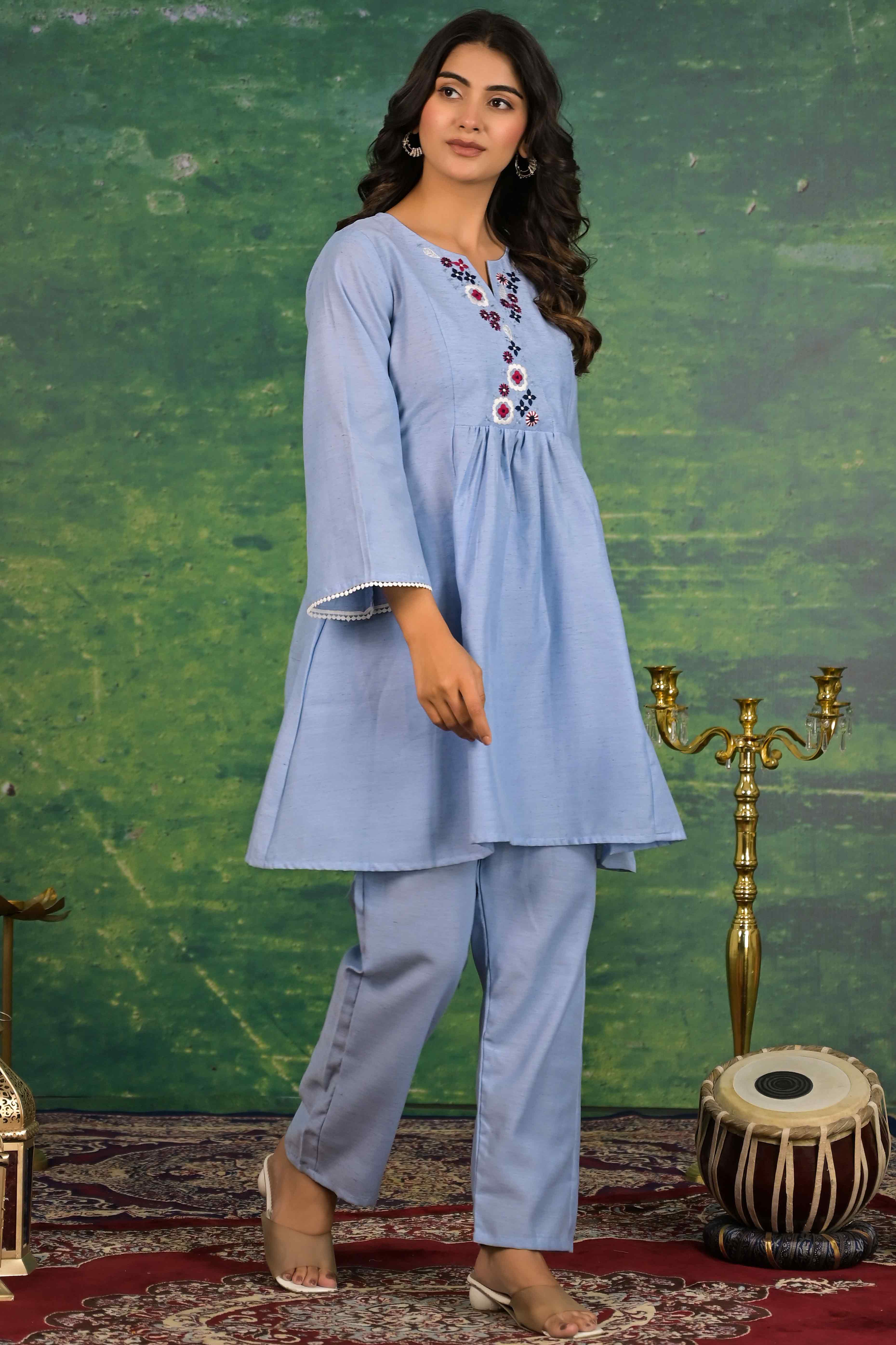 Blue Floral Embroidered Pure Cotton Top Bottom Set