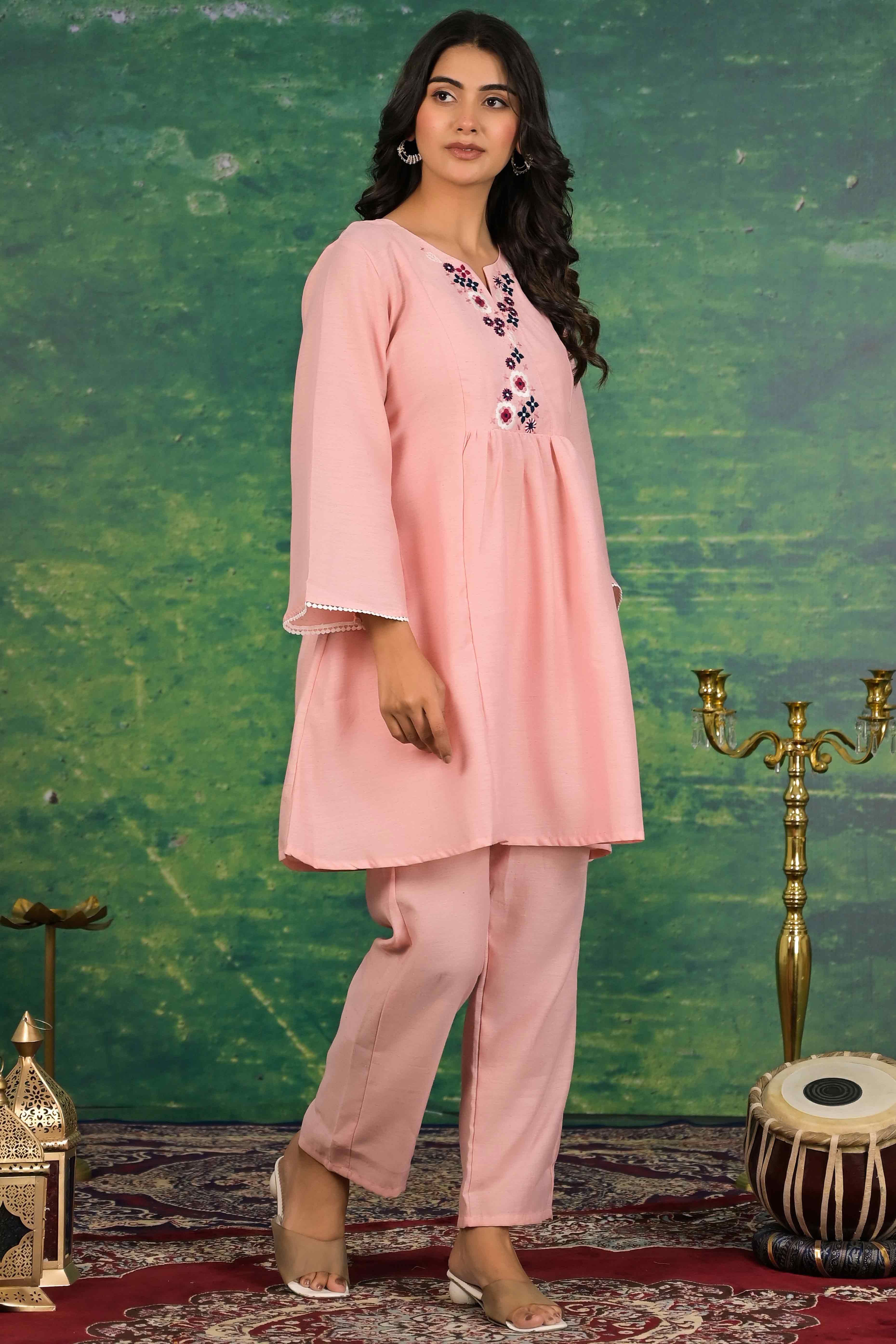 Peach Floral Embroidered Pure Cotton Top Bottom Set