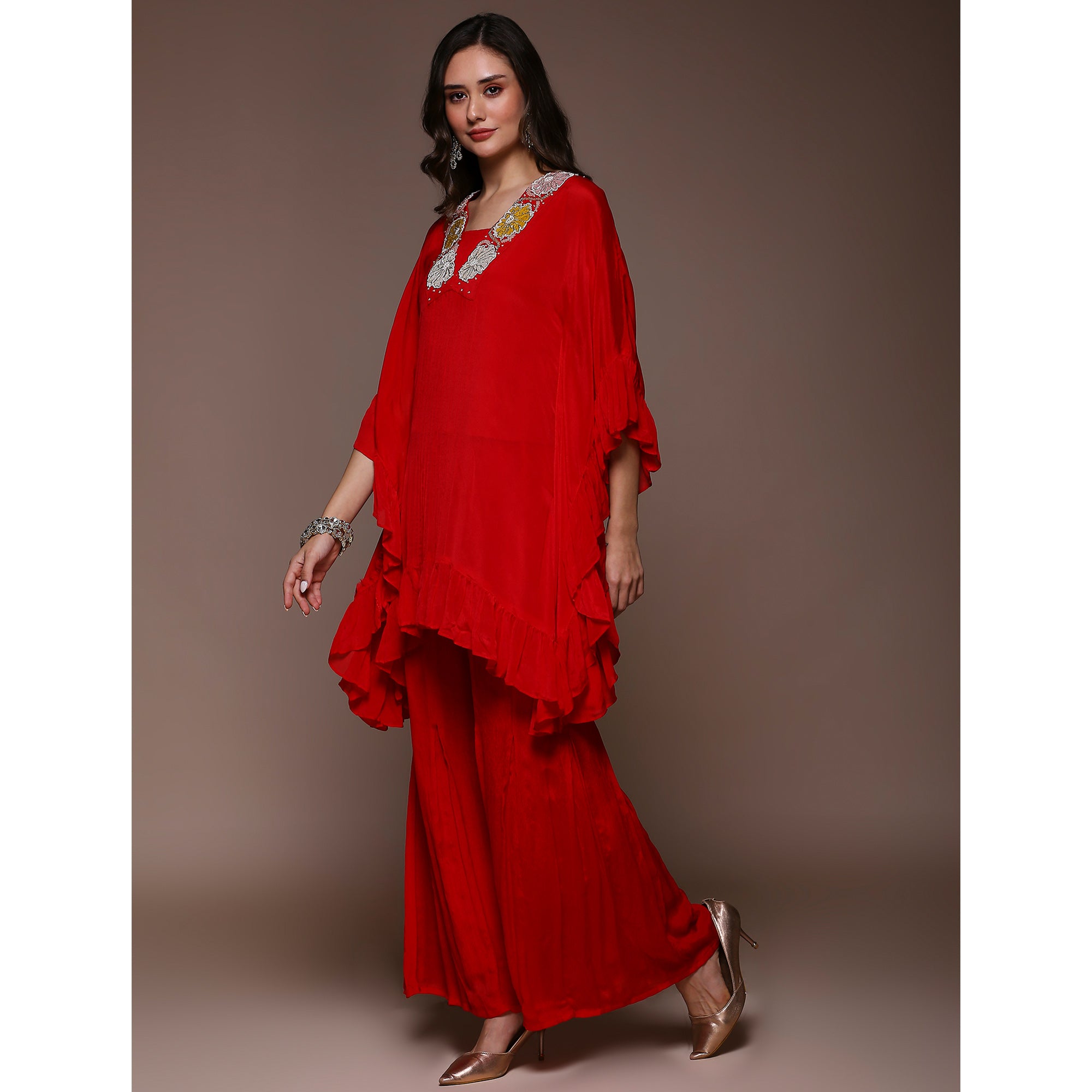 Crimson Red Embroidered Kaftan Style Chinon Co-Ord Set