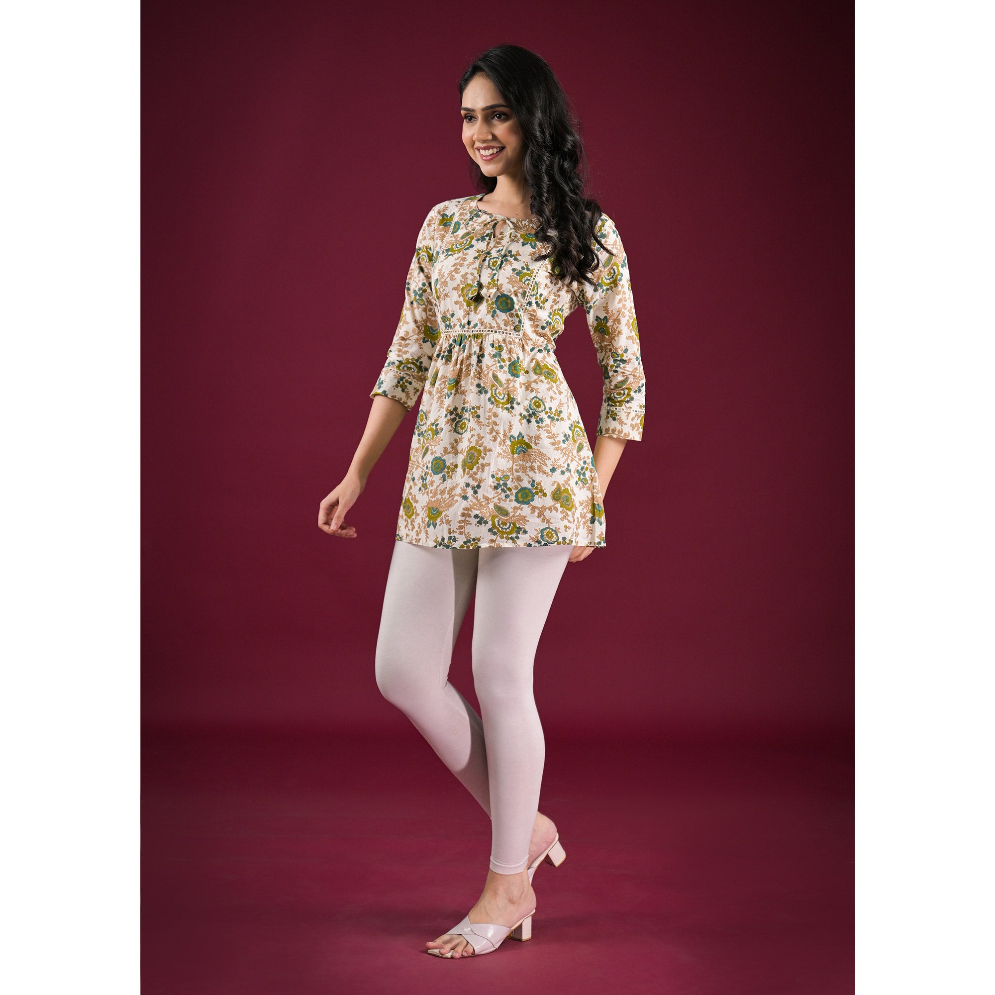 White Floral Printed Pure Cotton A-Line Top