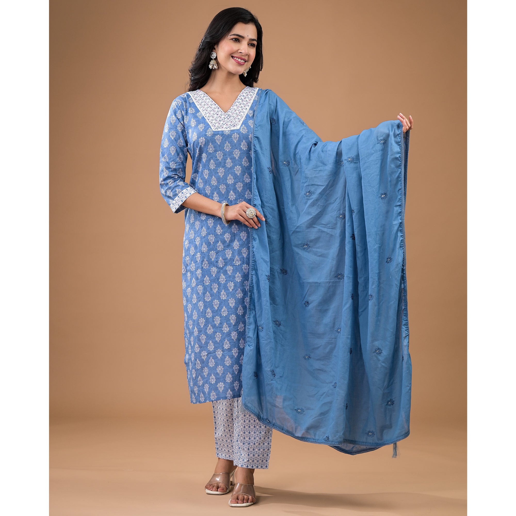 Blue Floral Printed Pure Cotton Salwar Suit