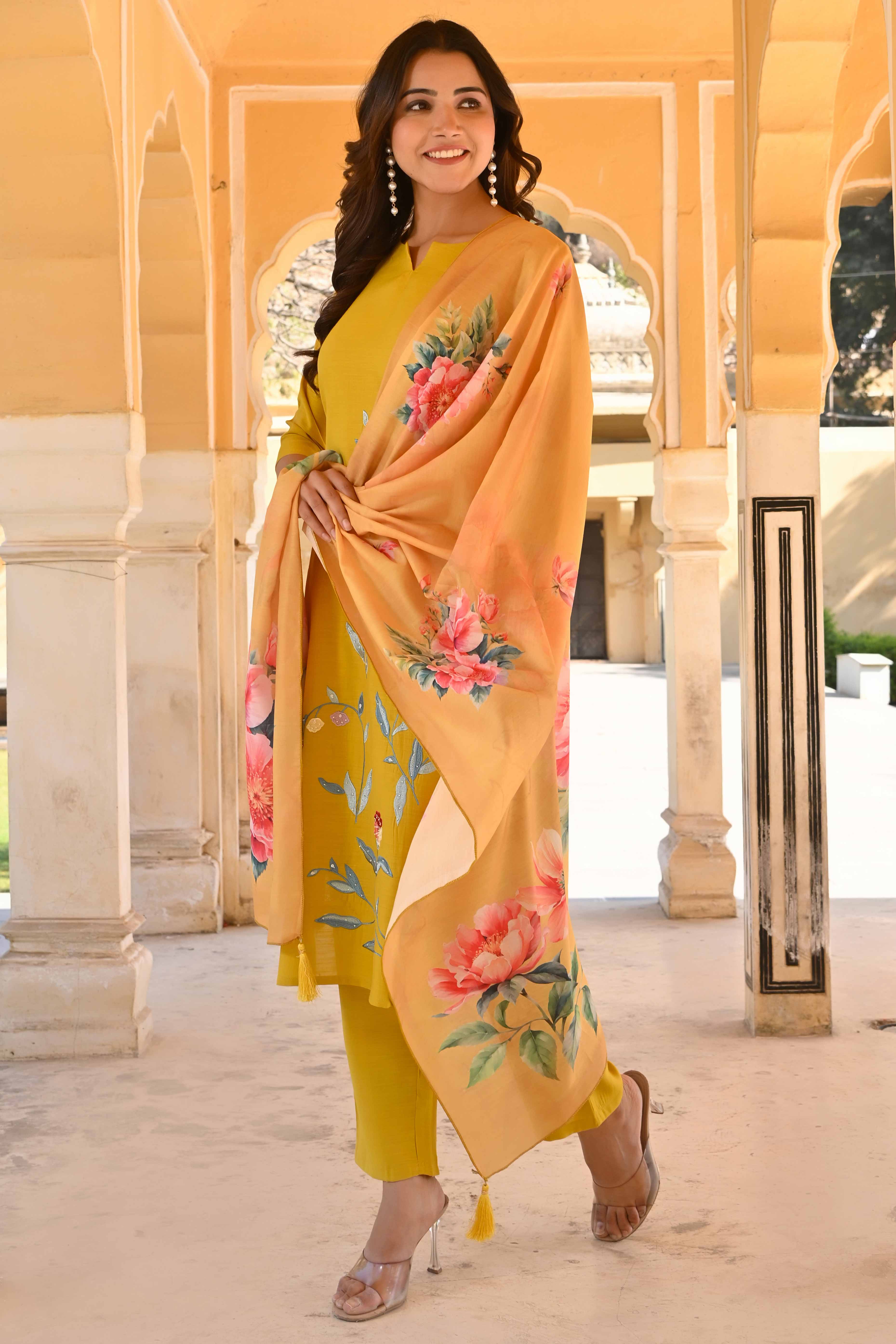 Mustard Floral Embroidered Viscose Straight Salwar Suit