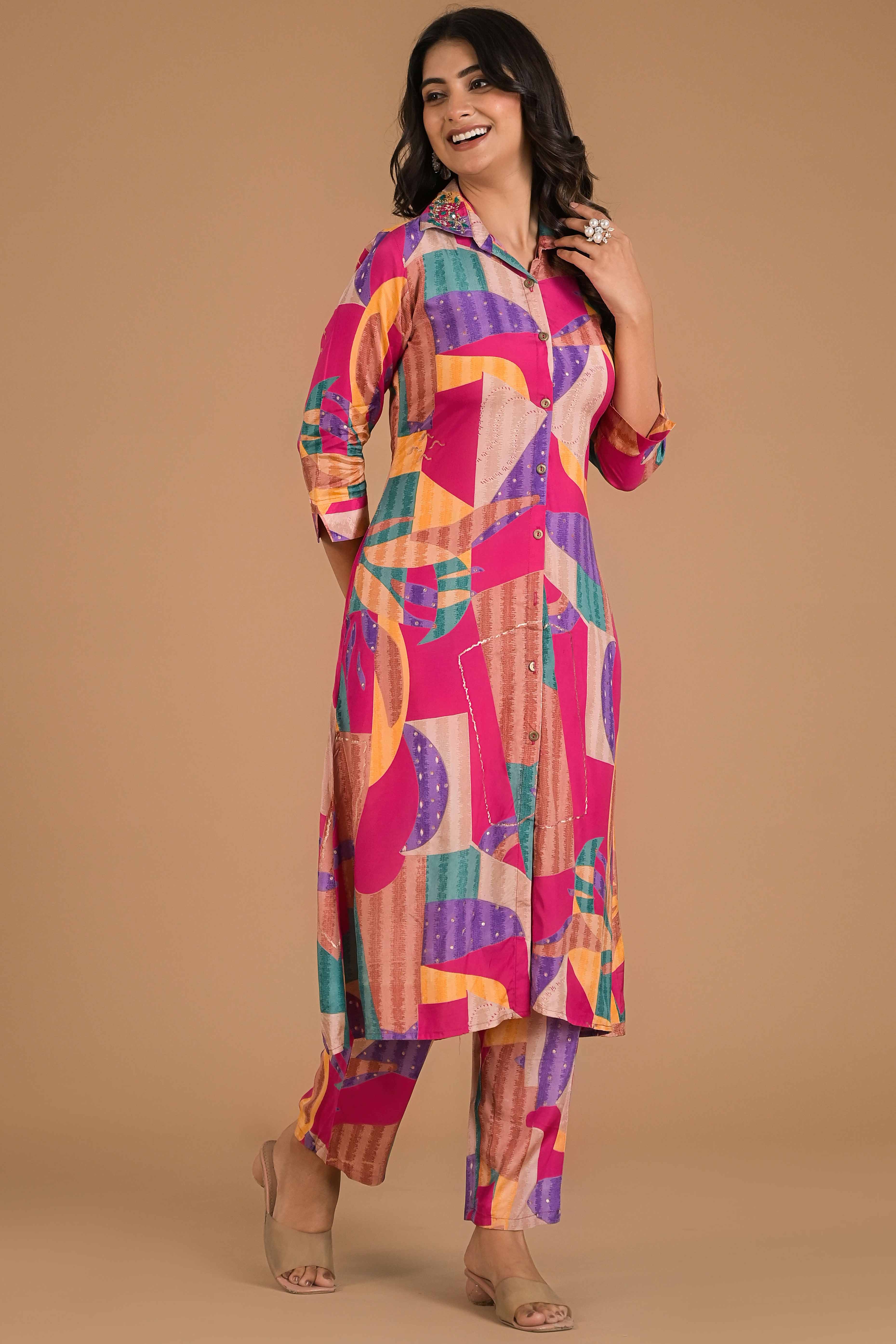 Multicolor Abstract Printed Muslin Co-Ord Set