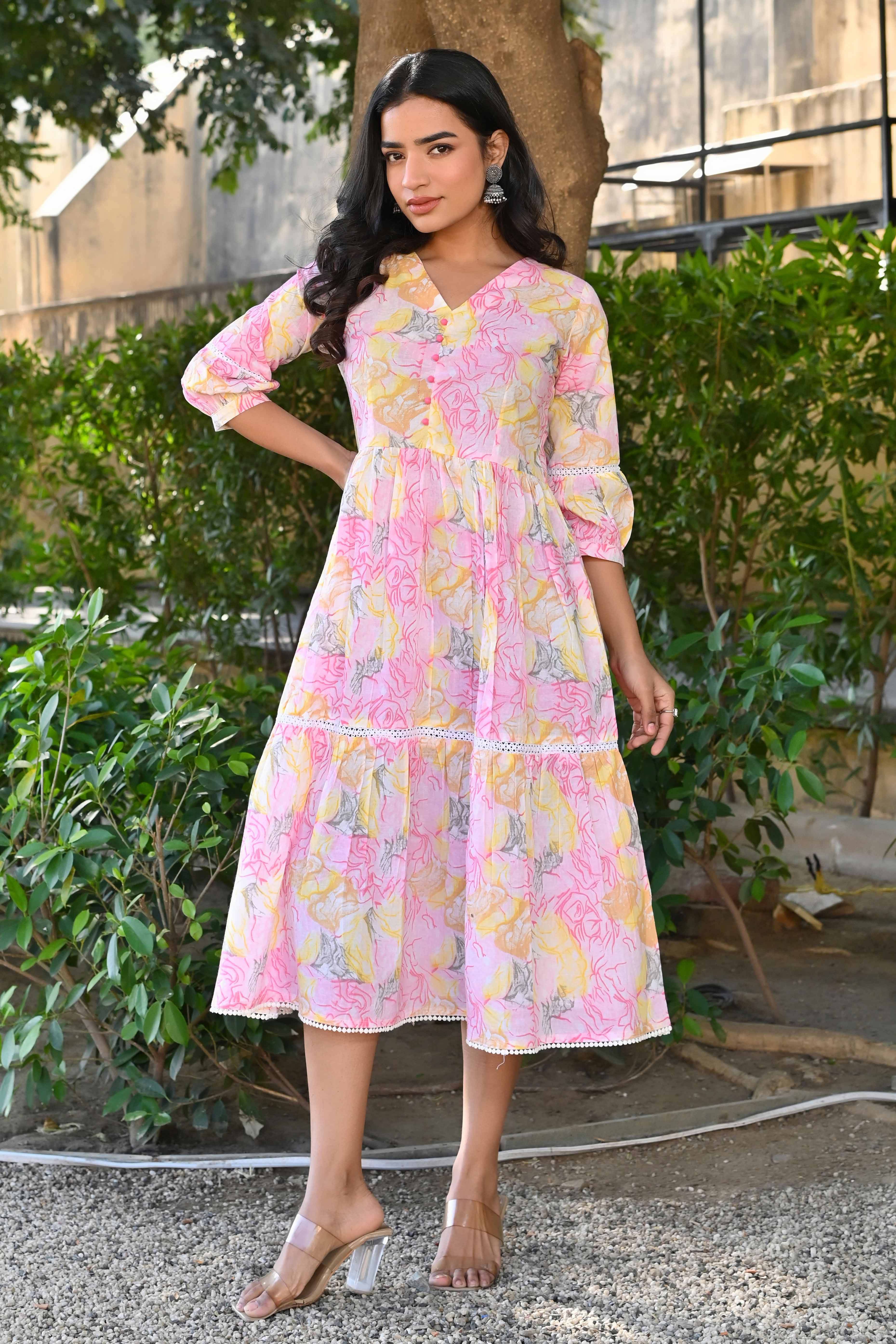 Yellow & Pink Floral Printed Pure Cotton Maxi Dress