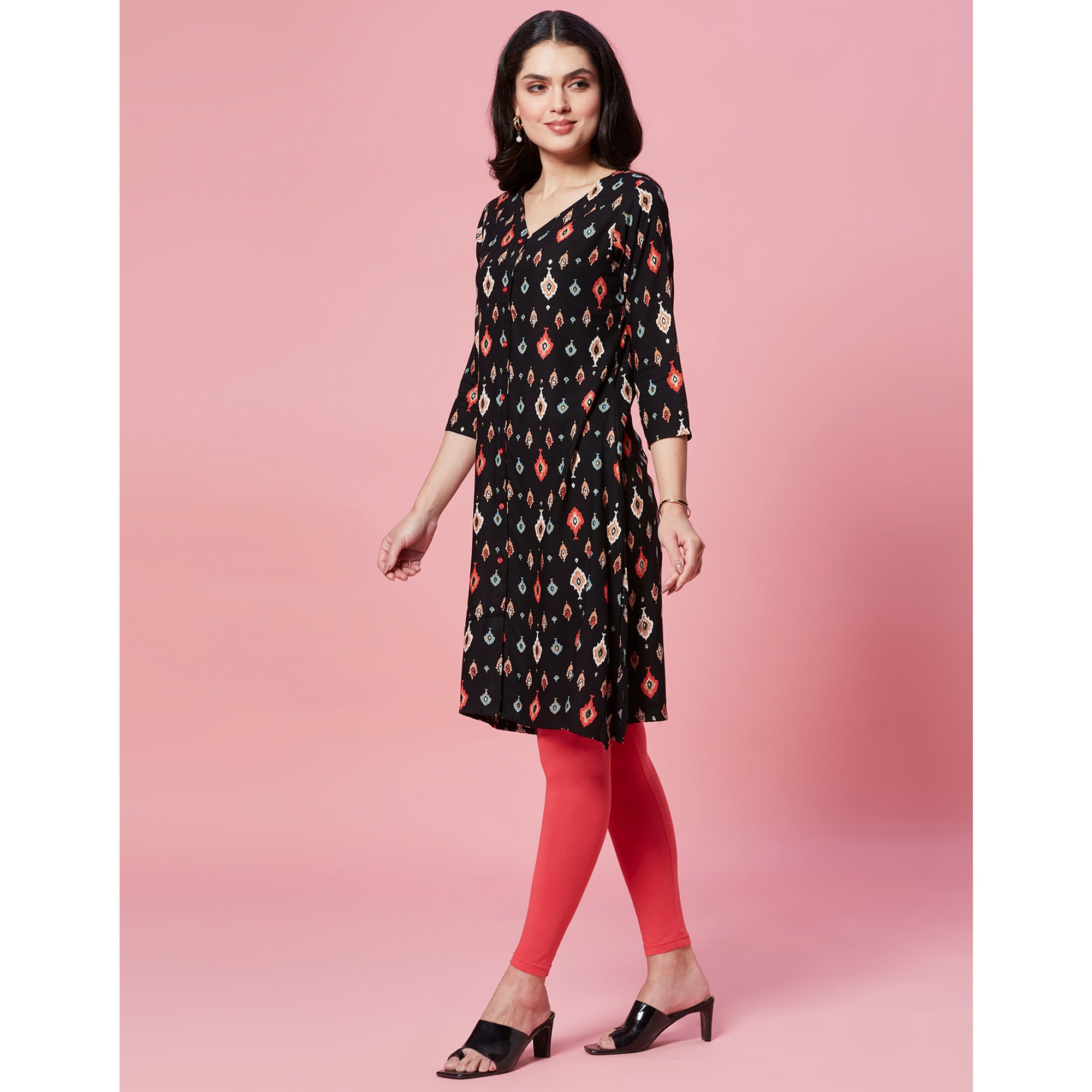 Black Ikkat Printed Rayon Straight Kurti