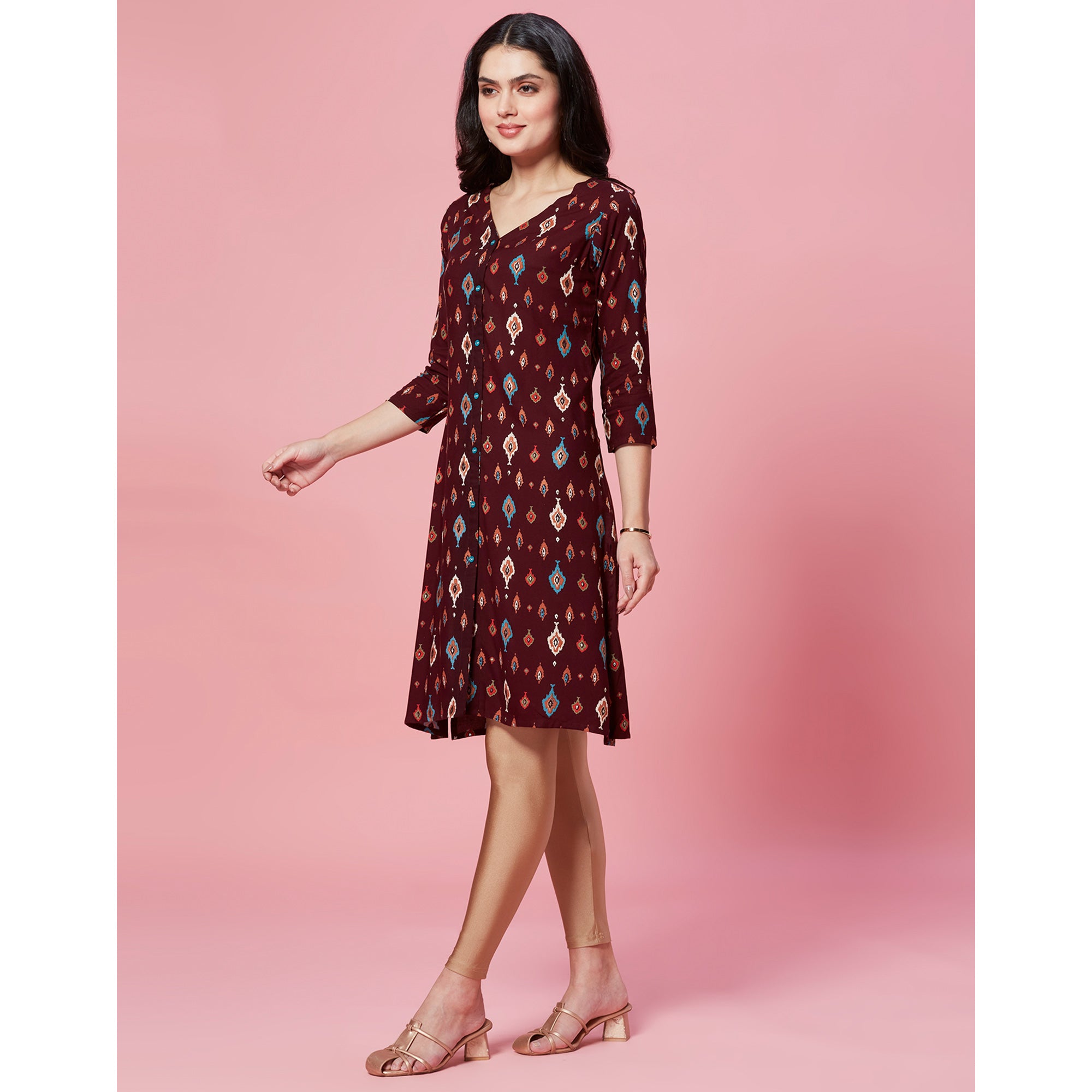 Maroon Ikkat Printed Rayon Straight Kurti