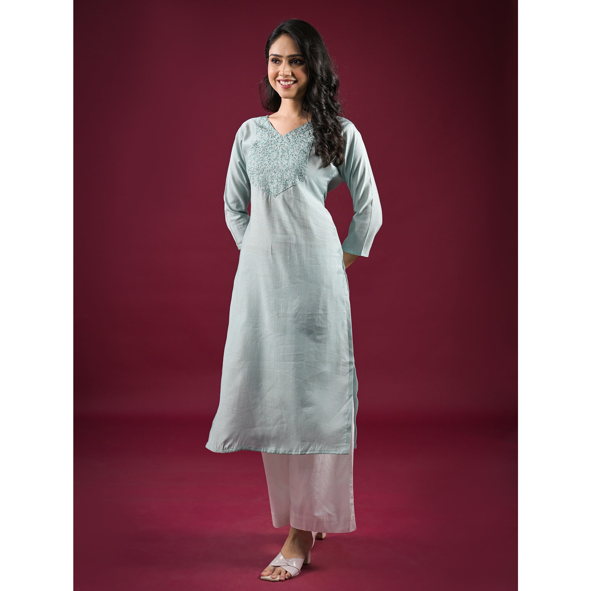 Mint Green Yoke Embroidered Viscose Straight Kurti