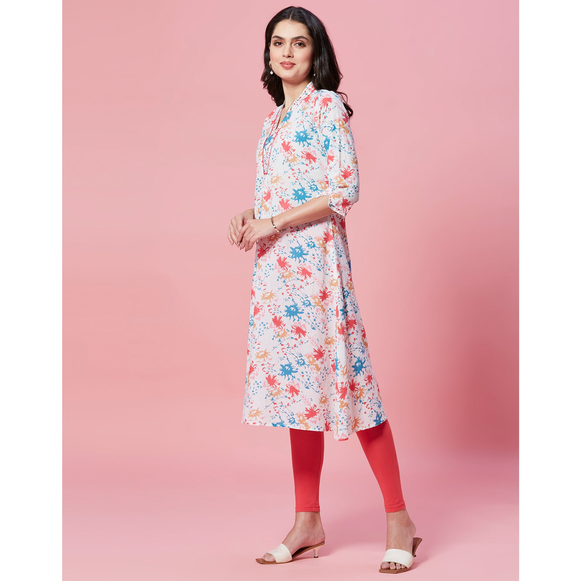 White Floral Printed Pure Cotton A-Line Kurti