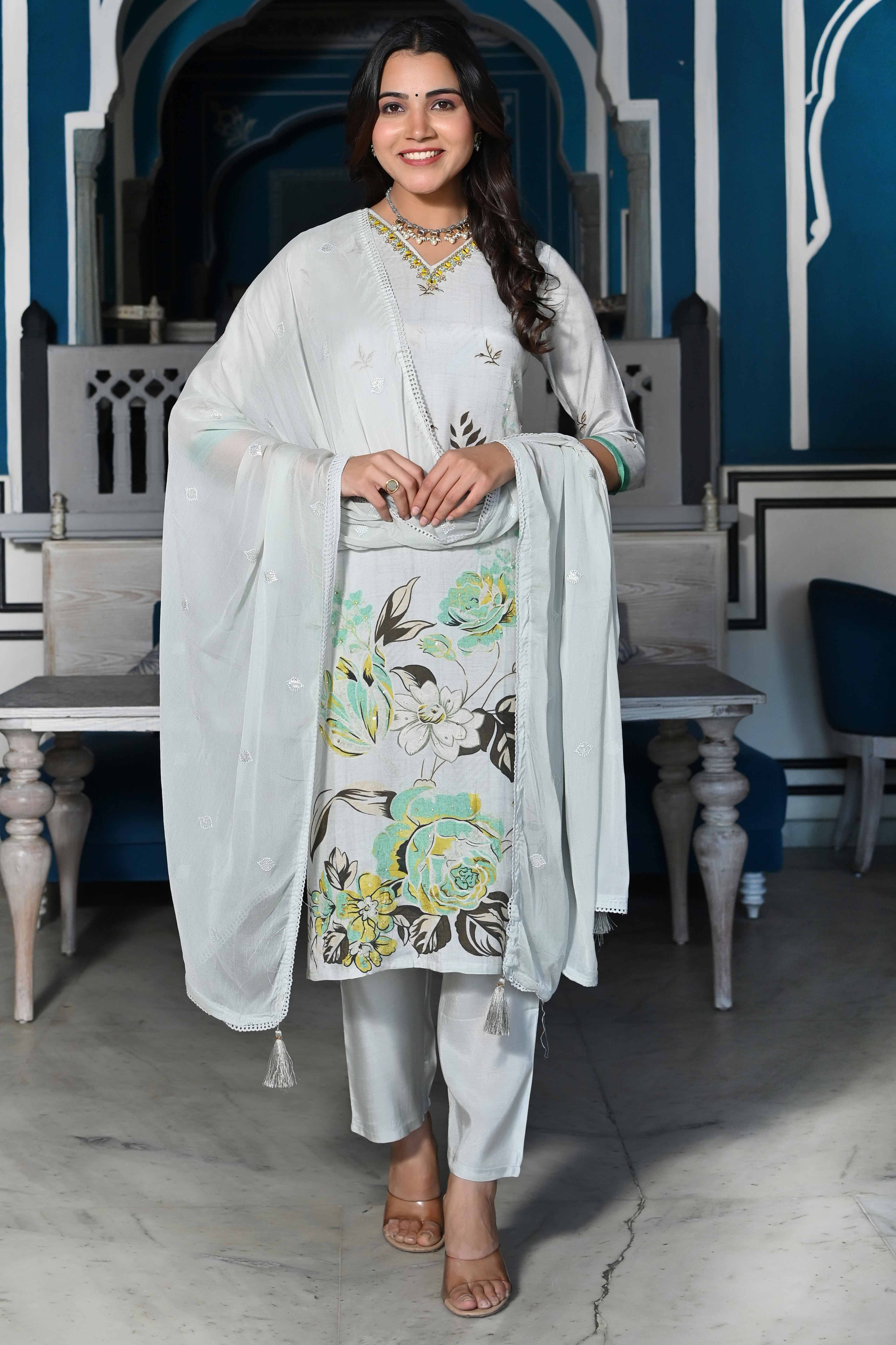 Grey Floral With Beads Work Printed Muslin Salwar Suit