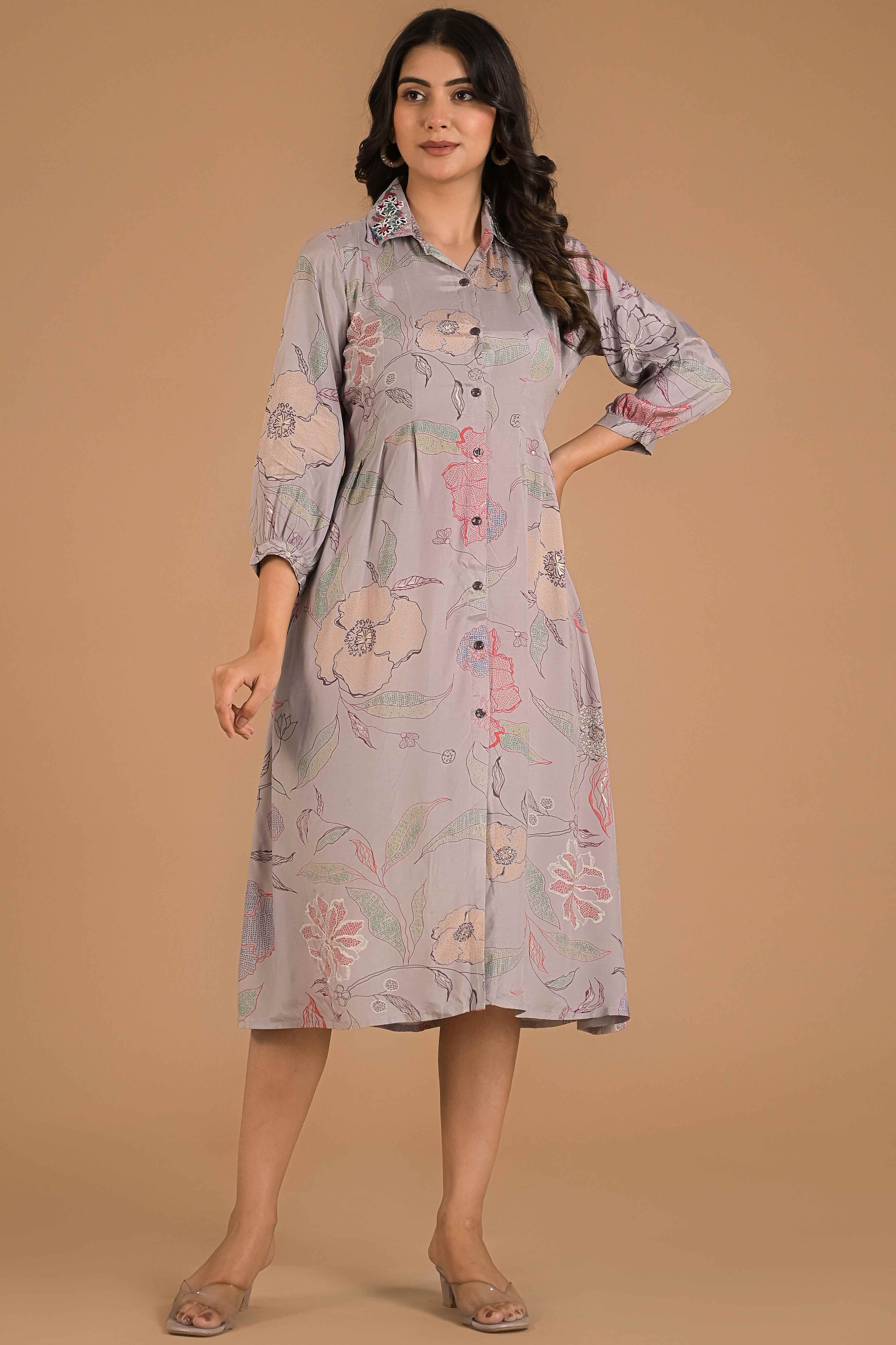 Light Purple Floral Printed Muslin A-Line Dress