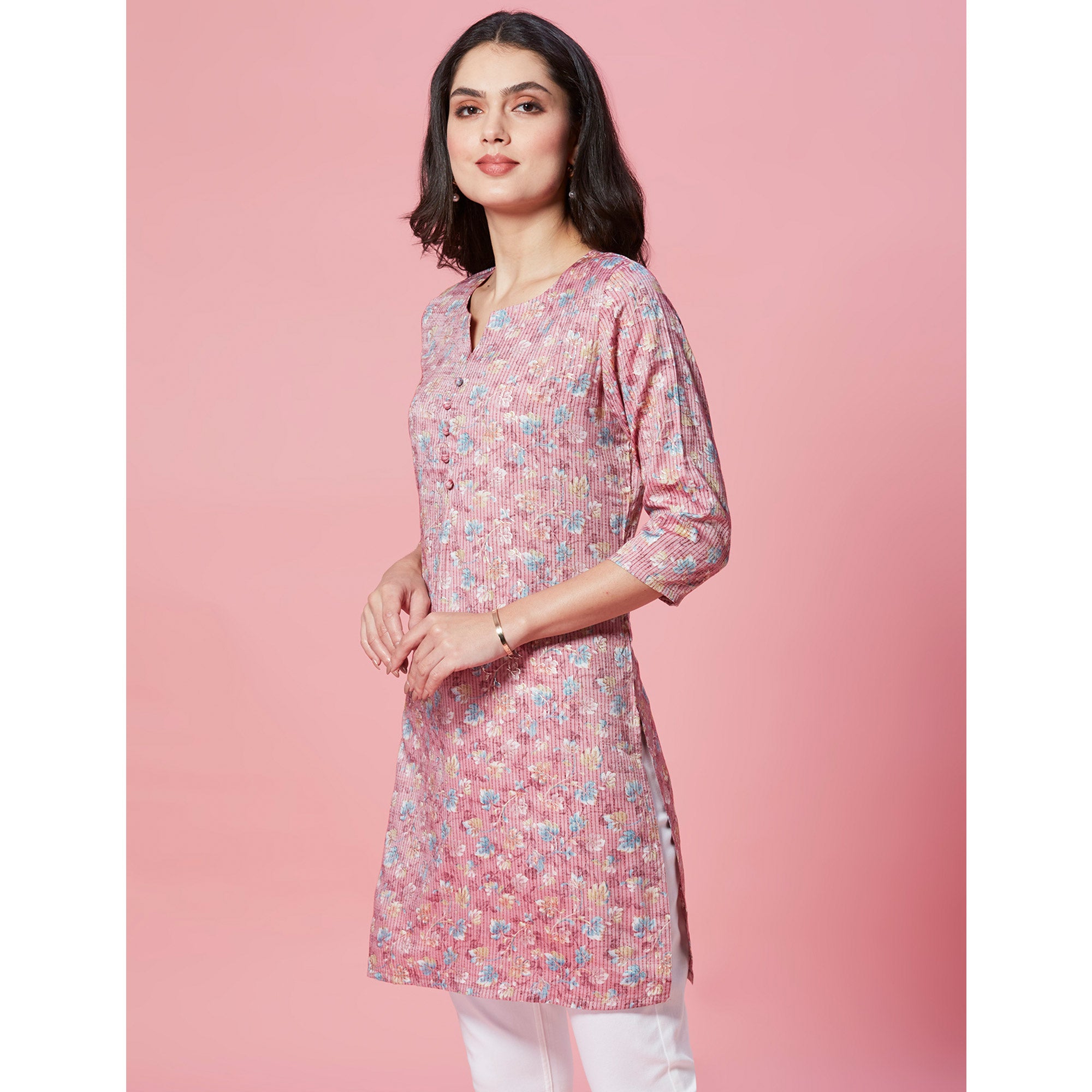 Mauve Floral Printed Pure Cotton Straight Kurti