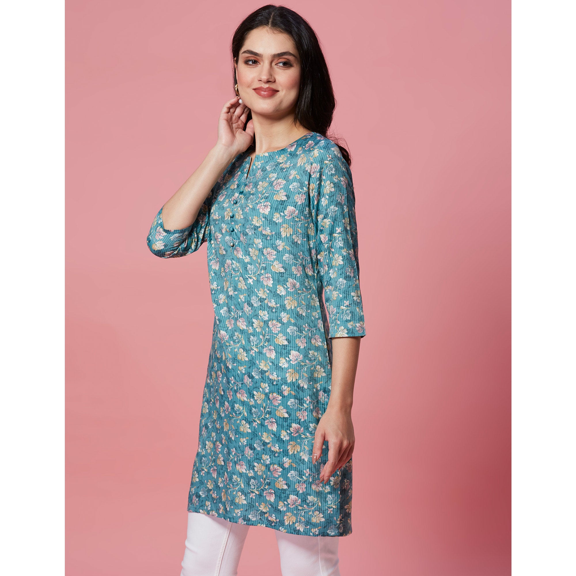 Turquoise Floral Printed Pure Cotton Straight Kurti