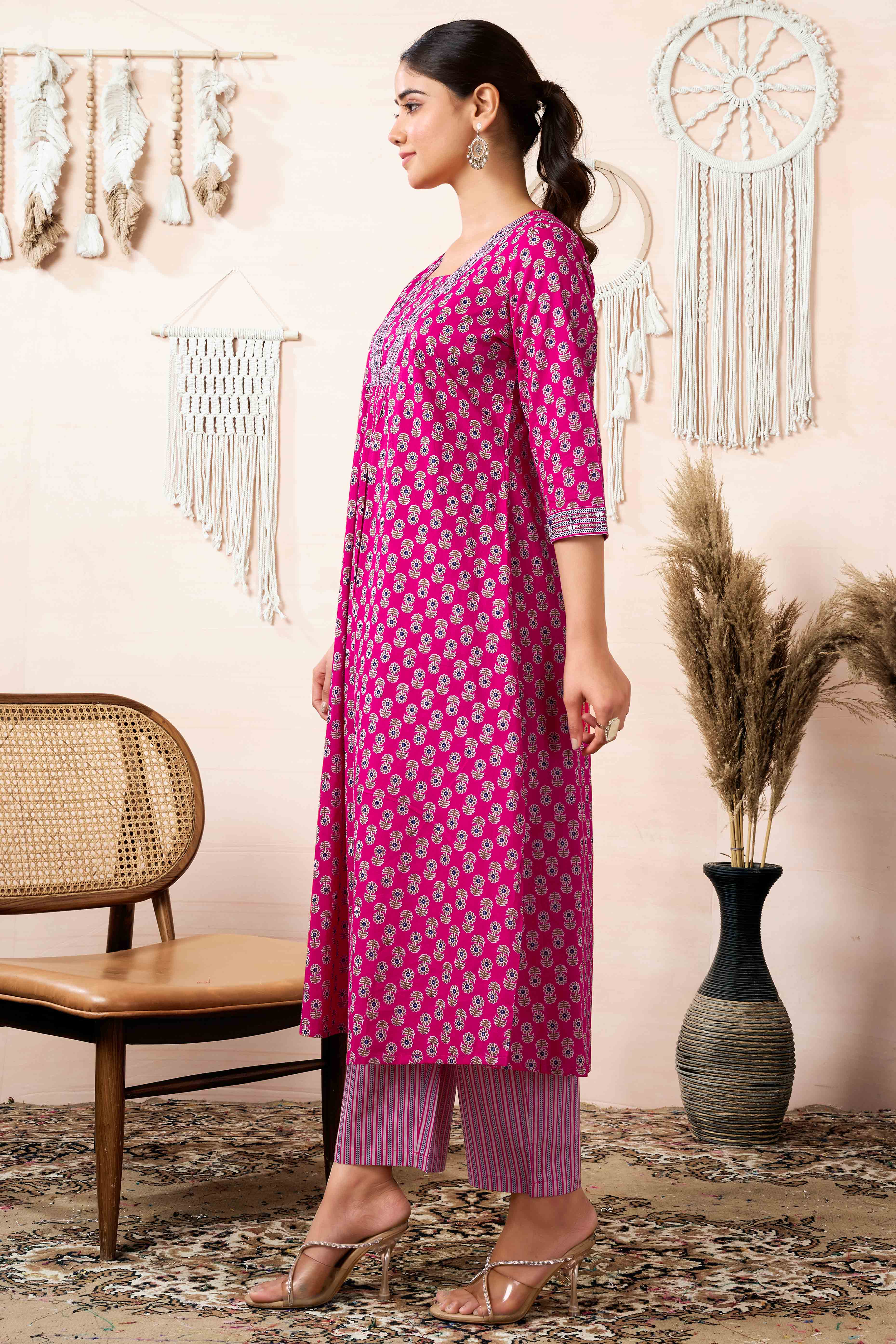 Pink Floral Printed Pure Cotton A-Line Salwar Suit