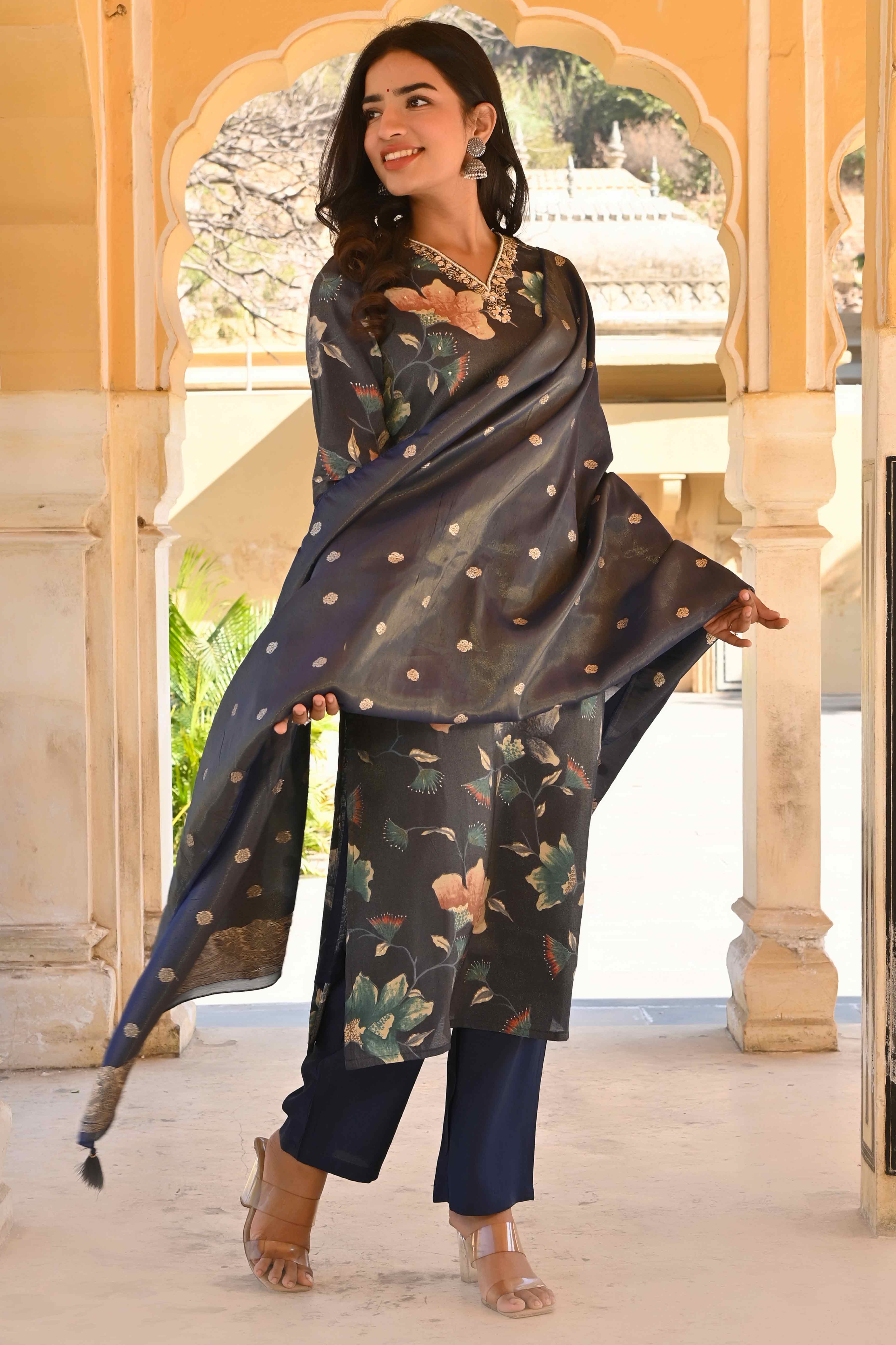 Blue Floral Foil Pinted With Handwork Viscose Salwar Suit