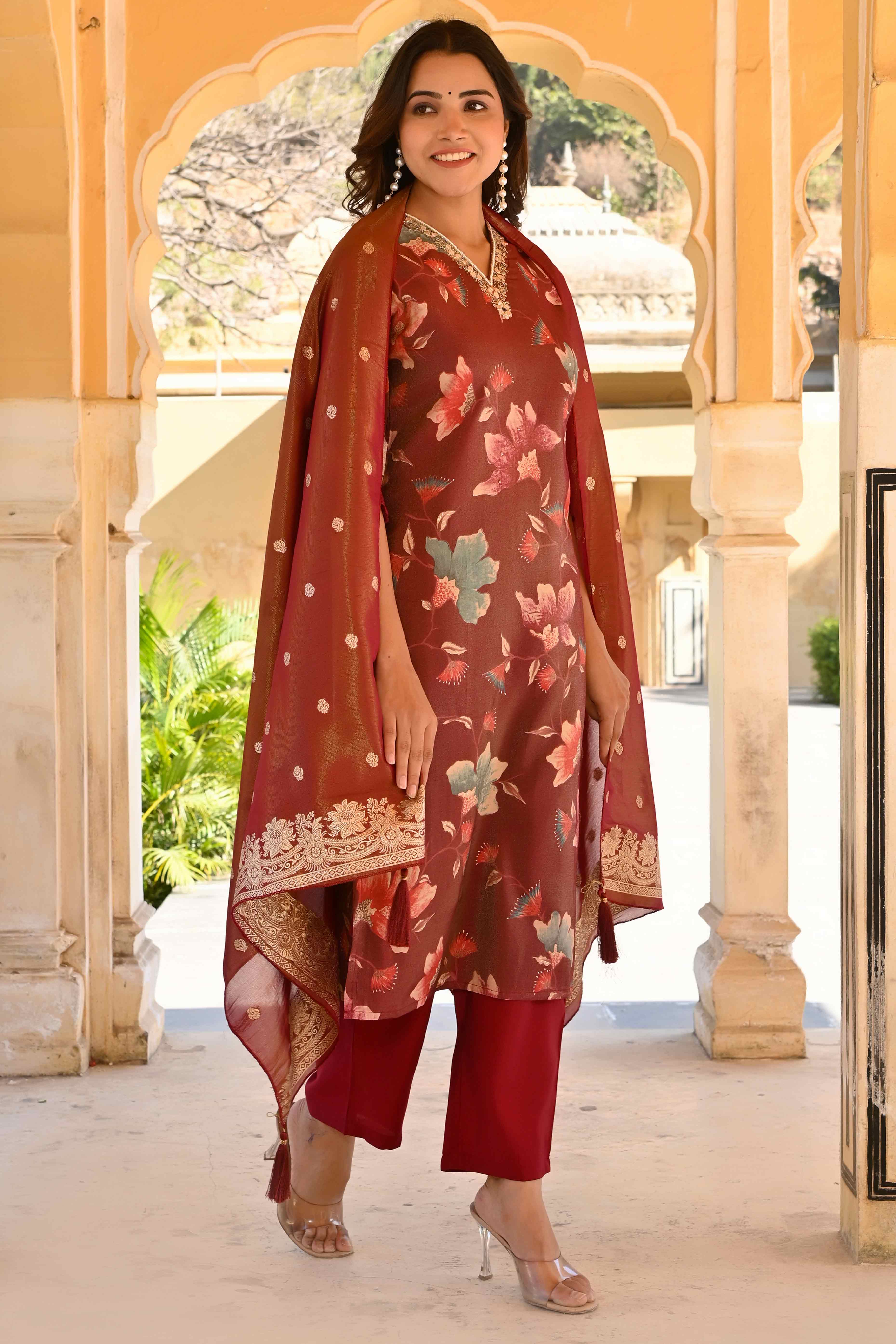 Wine Floral Foil Pinted With Handwork Viscose Salwar Suit