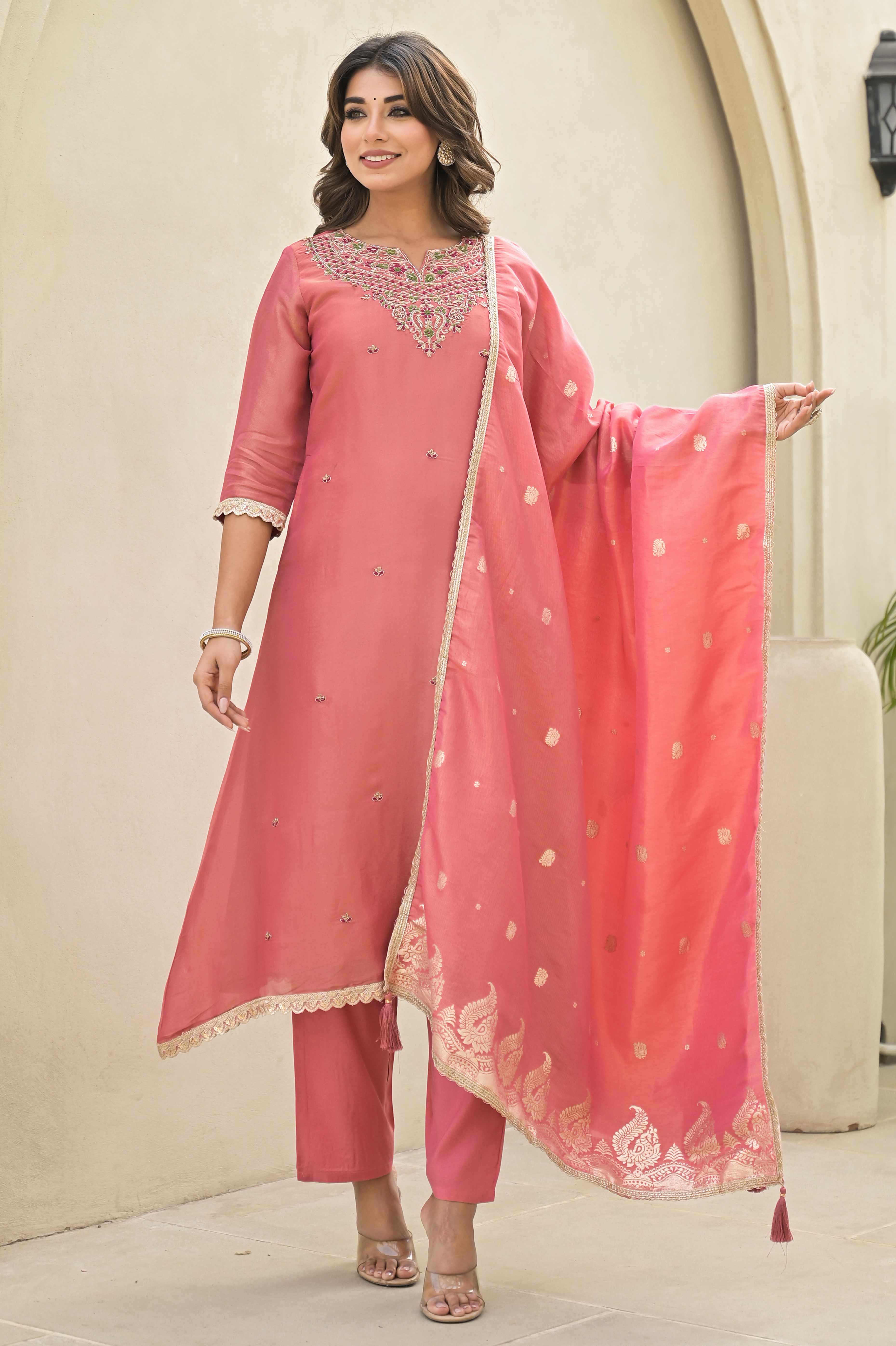 Peach Stone Work Embroidered Kanjivaram Silk Anarkali Salwar Suit