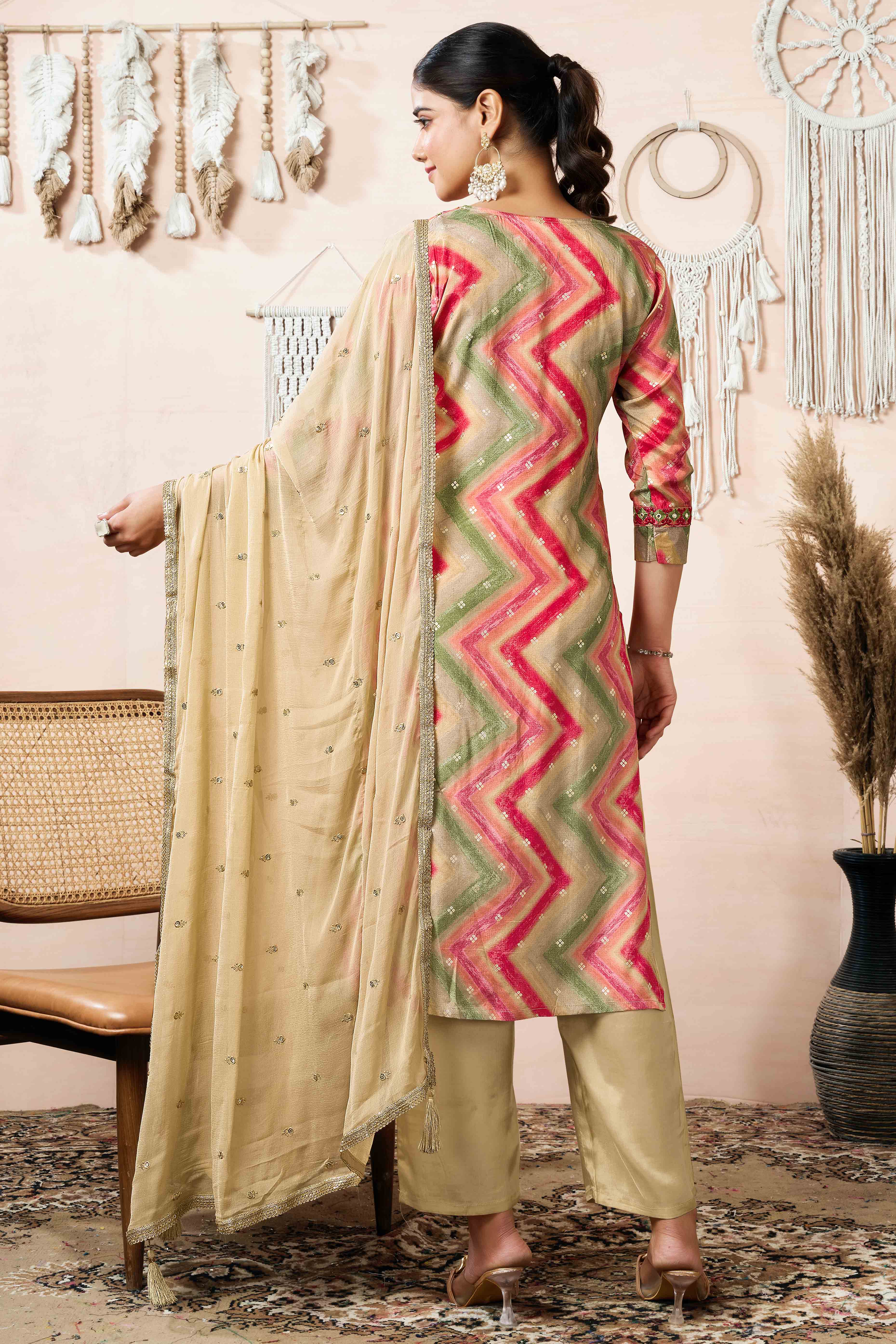 Dark Peach Embroidery With Printed Muslin straight Salwar Suit