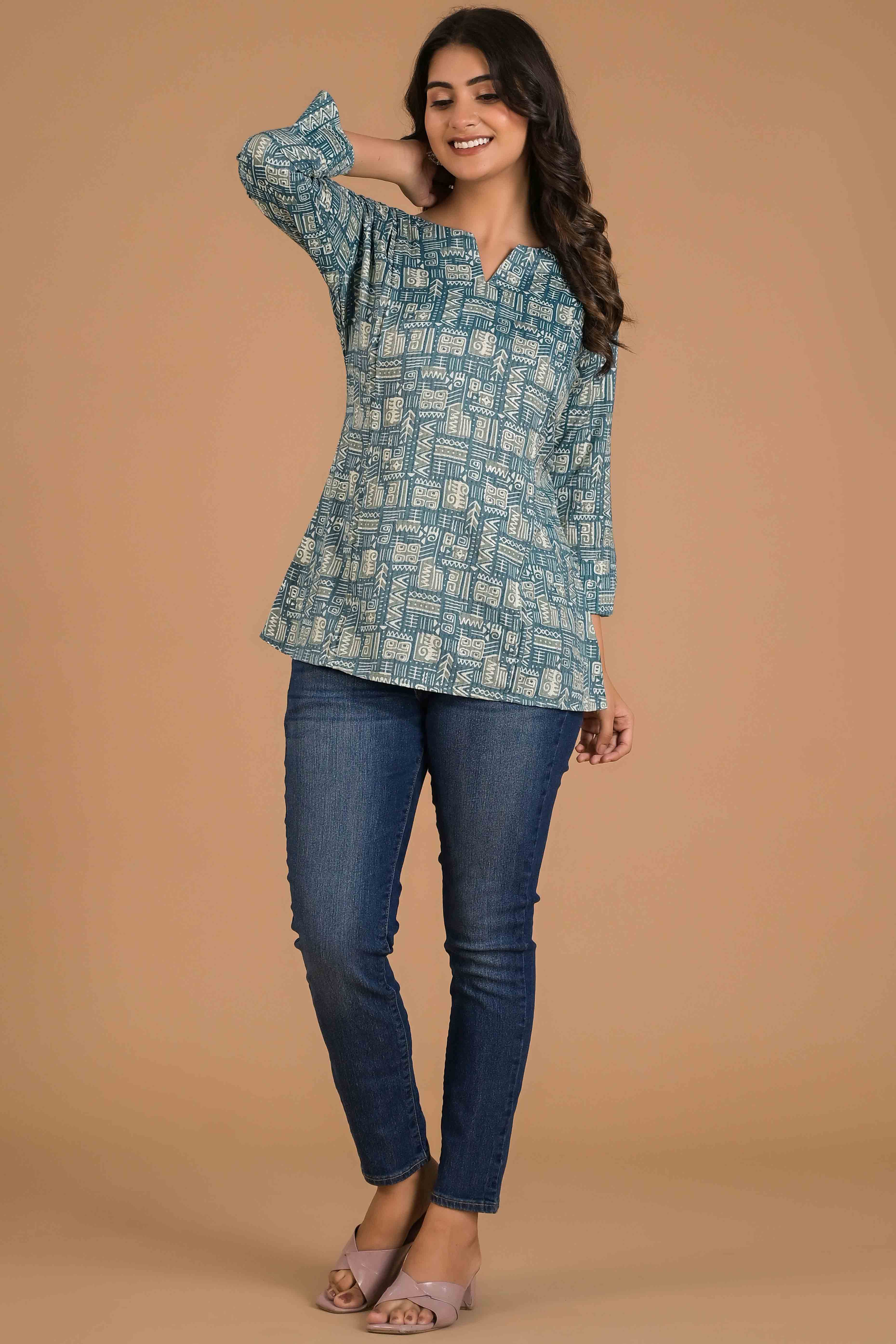 Blue Printed Pure Cotton Straight Top