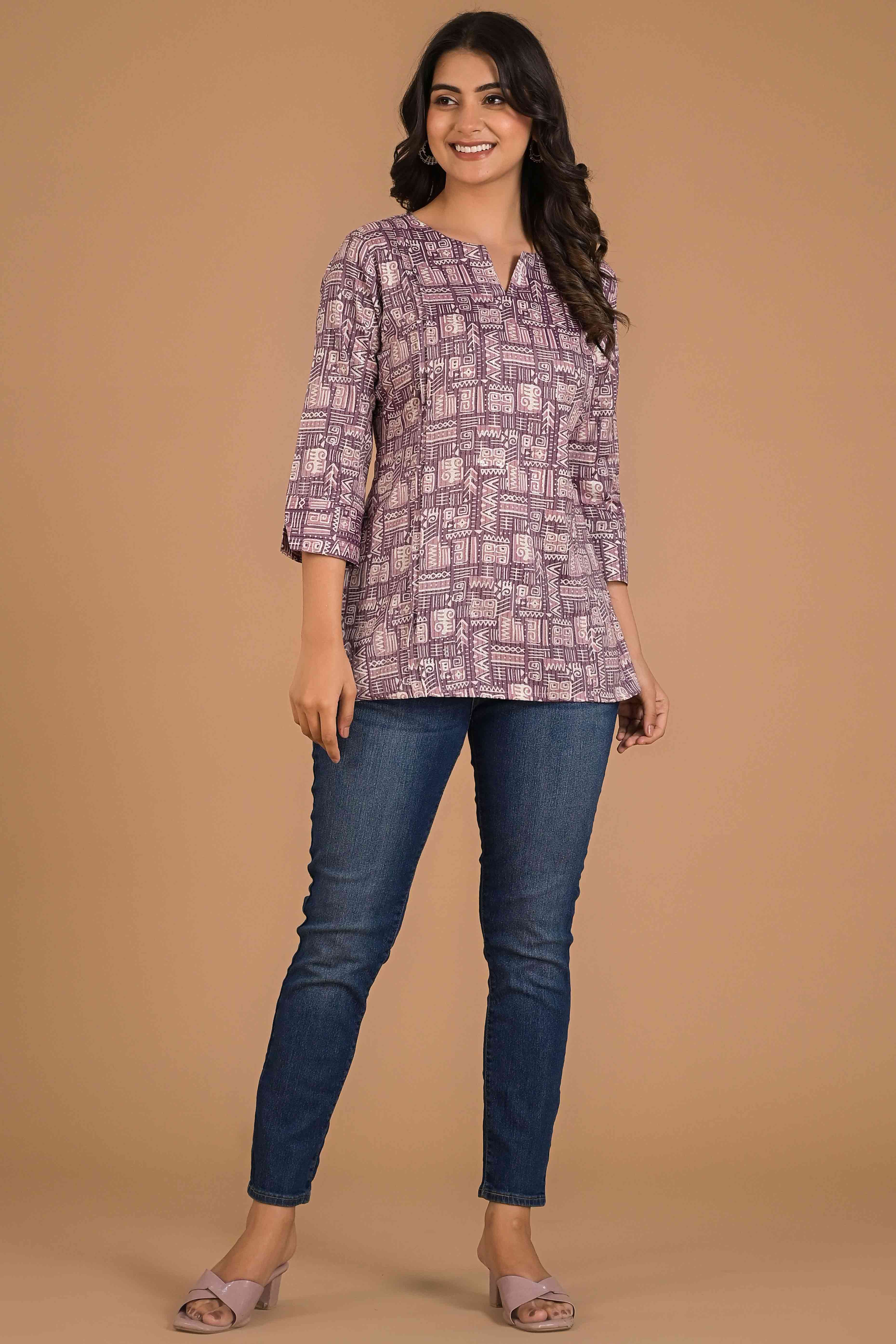 Pine Purple Printed Pure Cotton Straight Top