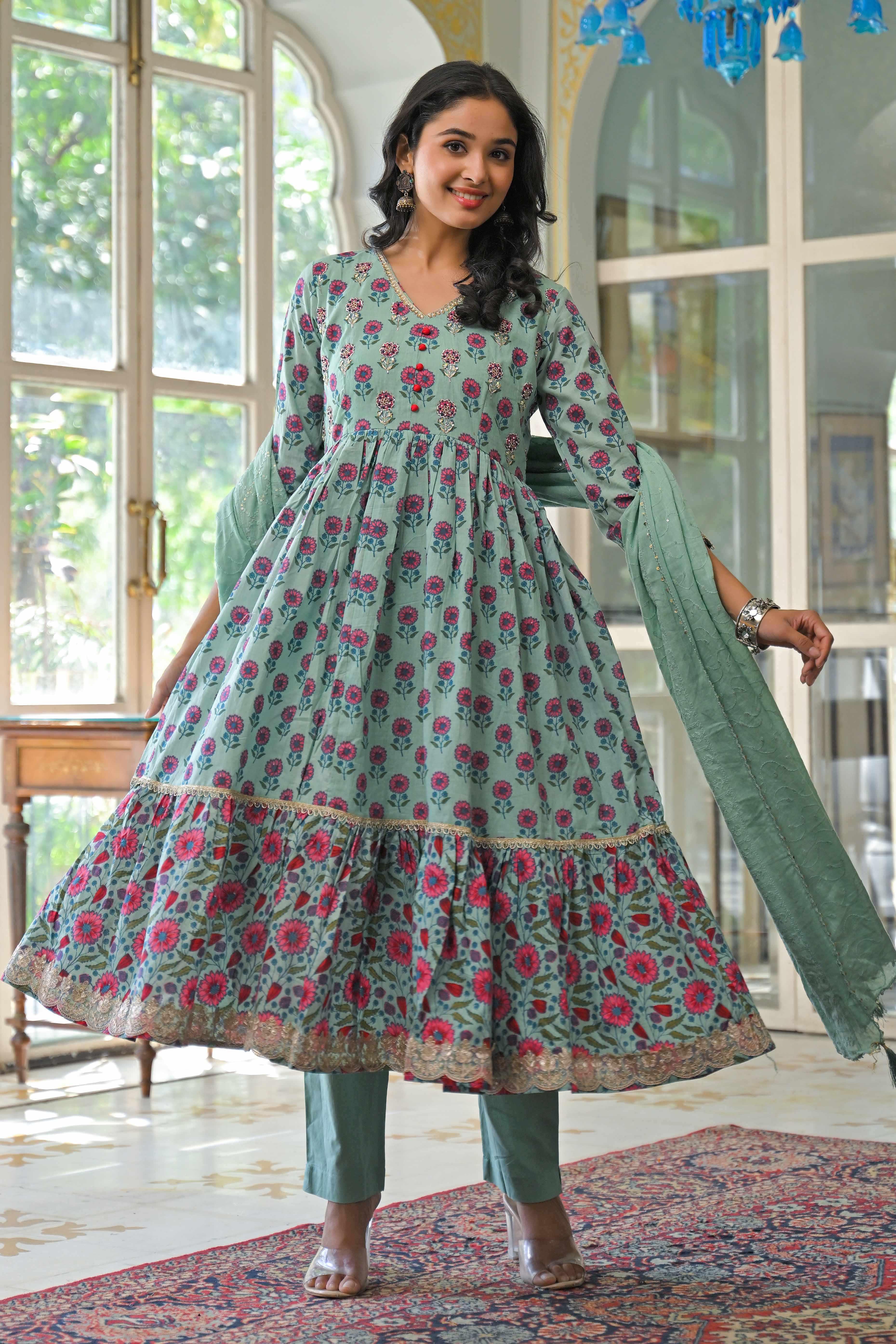 Mint Green Zardosi Work Floral Printed Pure Cotton Anarkali Salwar Suit